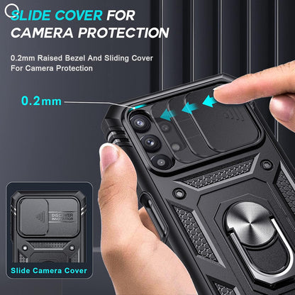 LeYi for Samsung Galaxy A32 5G Case with Slide Camera Cover and 2 Tempered Glass Screen Protector,Ring Holder Full Body Protective Heavy Duty Shockproof Silicone Tough Hard Armour Phone Cover, Black