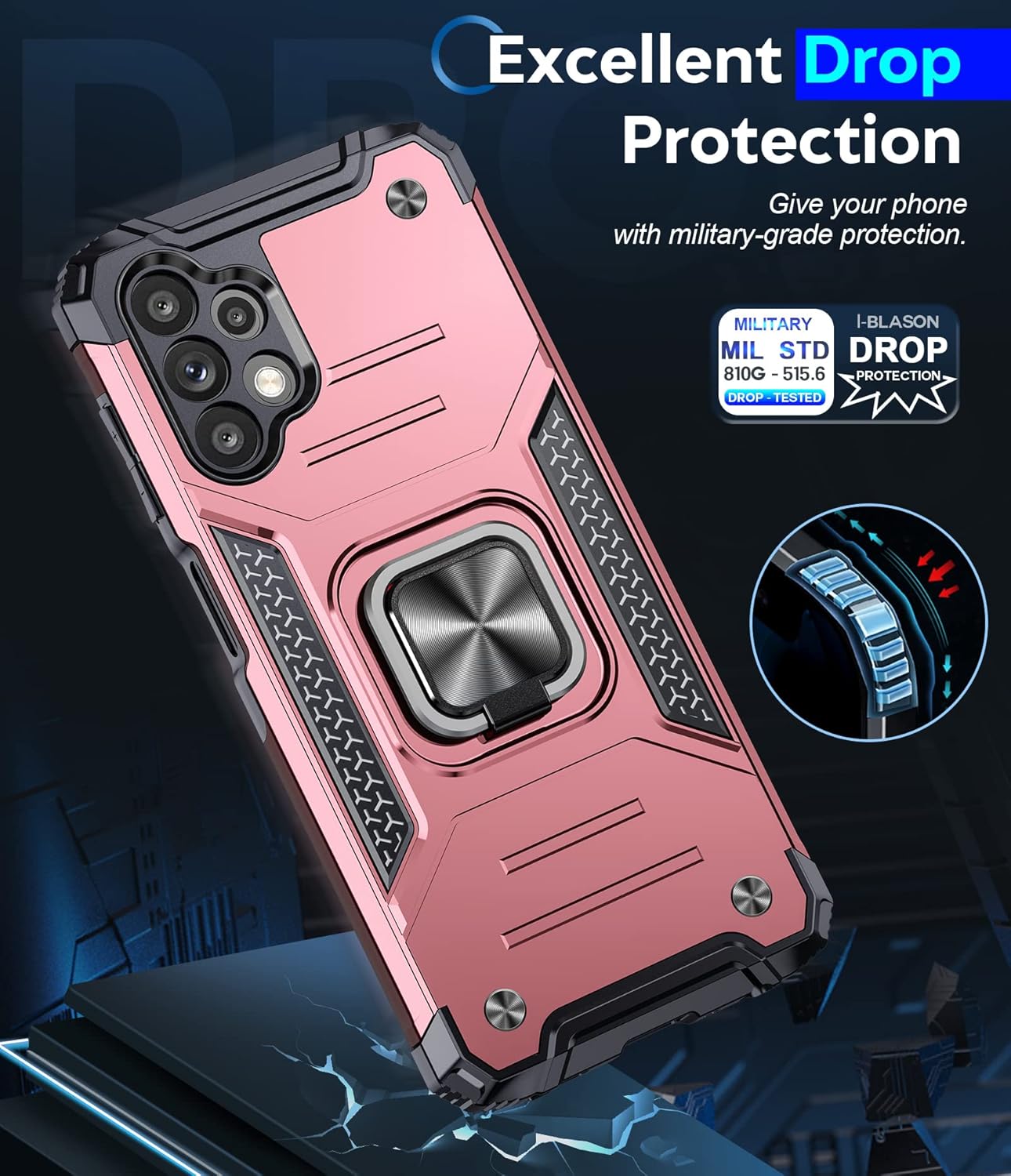 LeYi for Samsung Galaxy A13 4G Phone Case and 2 Tempered Glass Screen Protector + 2 Camera Lens Protector, Ring Holder Shockproof Military Grade Protective Mobile Phone Cover for Samsung A13 Rose Gold