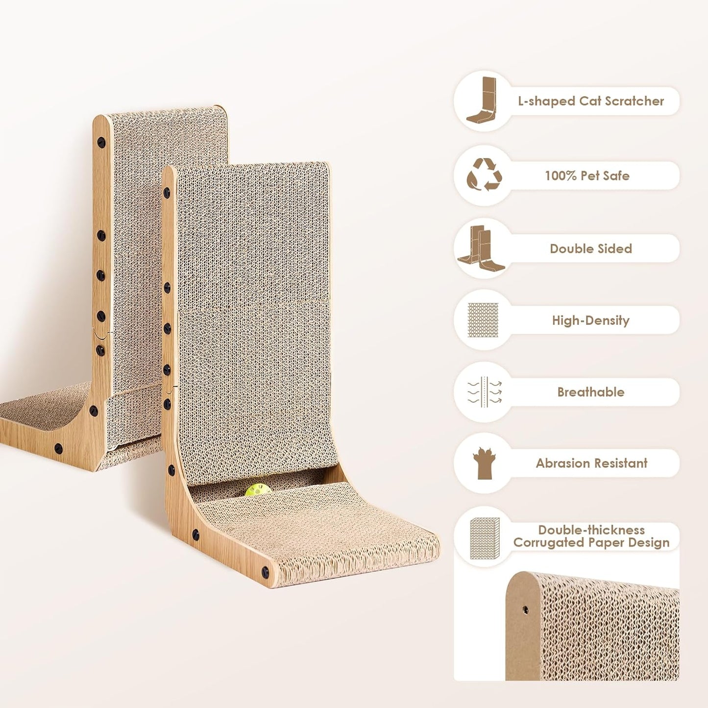 EHEYCIGA 68cm L-Shape Vertical Cardboard Scratching Board for Indoor Cats, Large Scratch Pad With Ball Toy