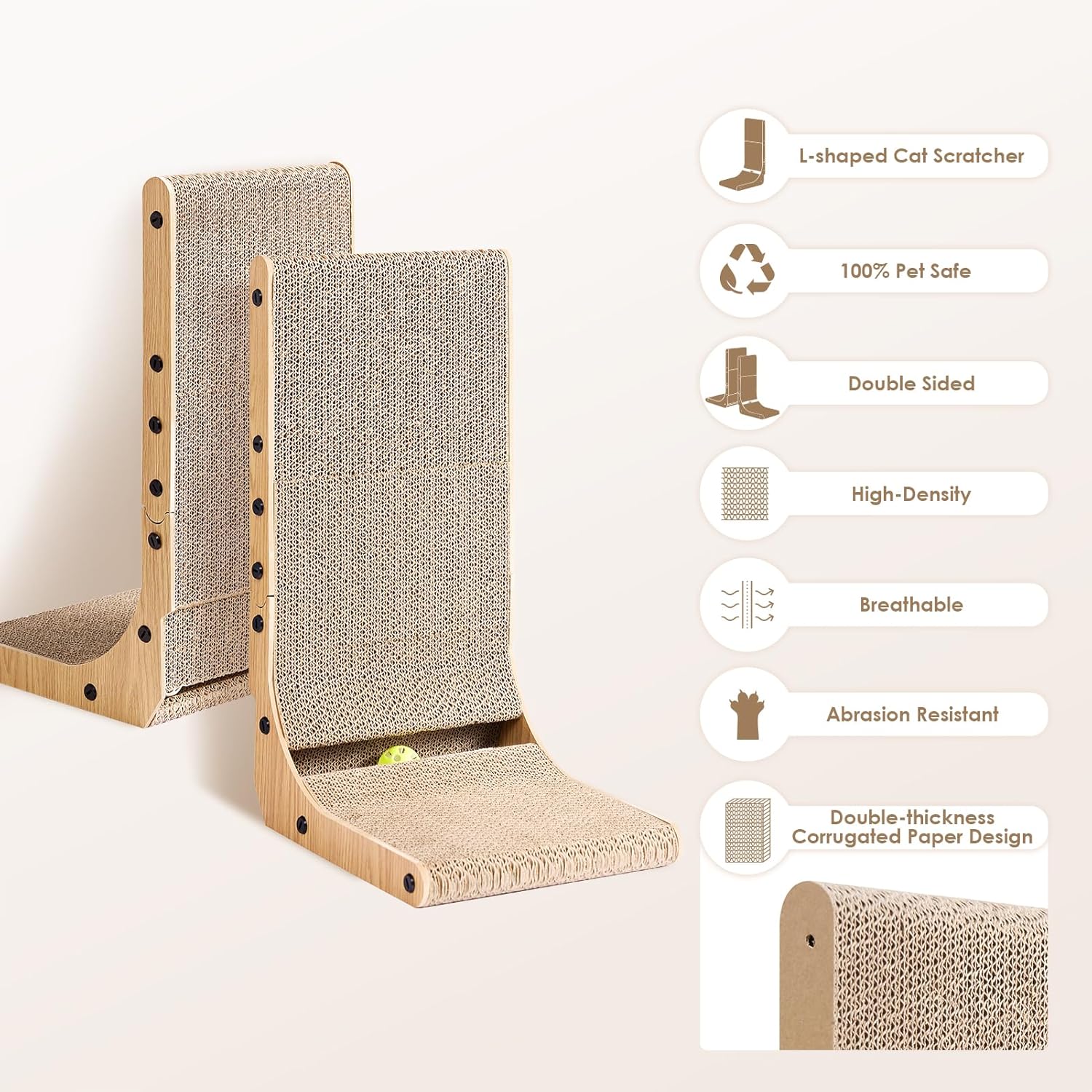 EHEYCIGA 68cm L-Shape Vertical Cardboard Scratching Board for Indoor Cats, Large Scratch Pad With Ball Toy