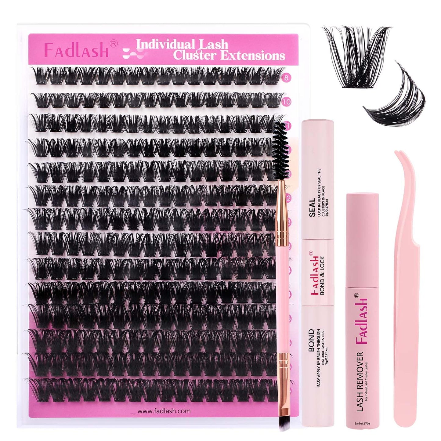 FADLASH DIY Lash Extension Kit Individual Lashes Clusters30P+40P D Curl 8-16mm Lash Bond and Seal, Clusters Lash Glue Remover and Eyelash Tweezers for Eyelash Extensions
