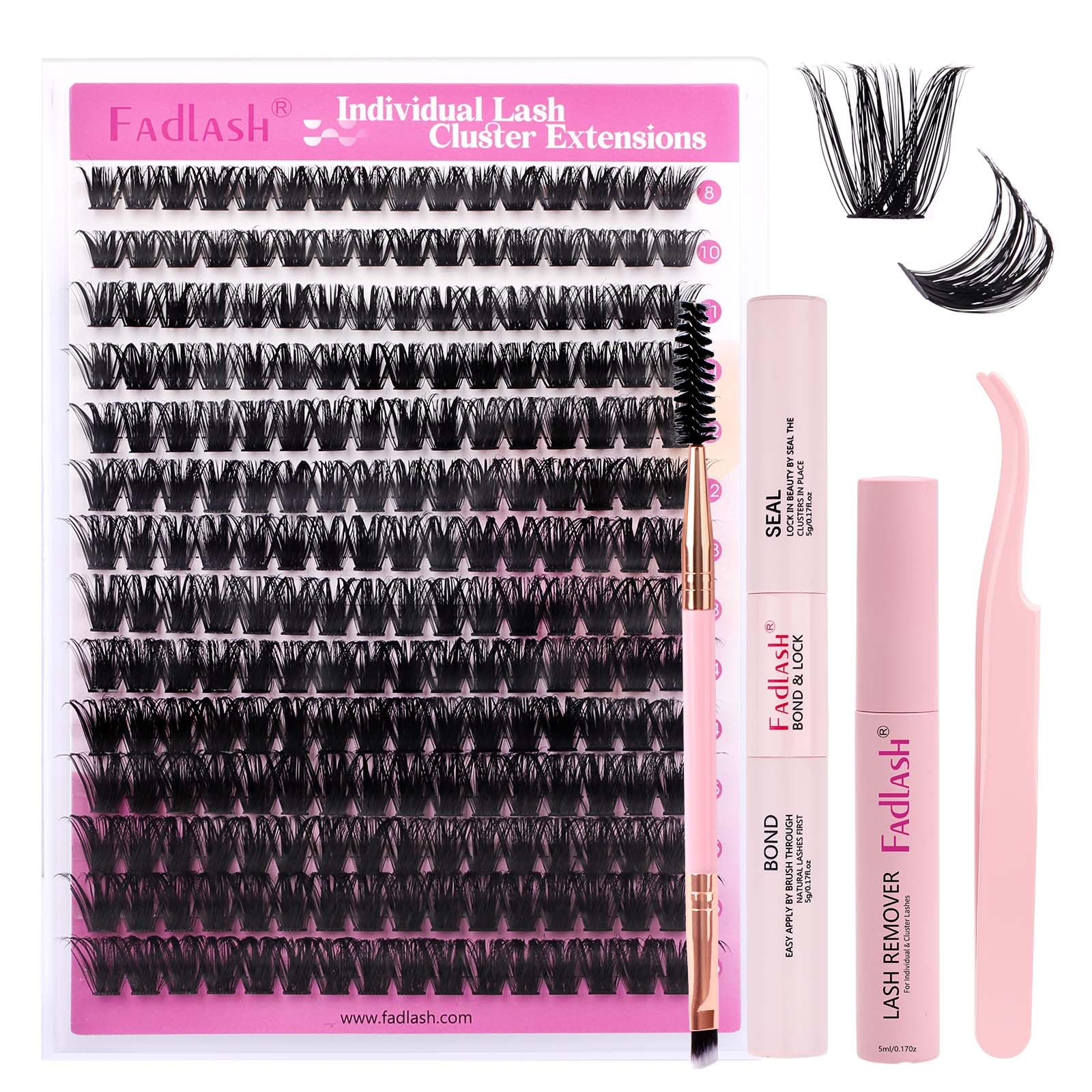 FADLASH DIY Lash Extension Kit Individual Lashes Clusters30P+40P D Curl 8-16mm Lash Bond and Seal, Clusters Lash Glue Remover and Eyelash Tweezers for Eyelash Extensions