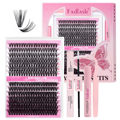 FADLASH DIY Lash Extension Kit Individual Lashes Clusters30P+40P D Curl 8-16mm Lash Bond and Seal, Clusters Lash Glue Remover and Eyelash Tweezers for Eyelash Extensions