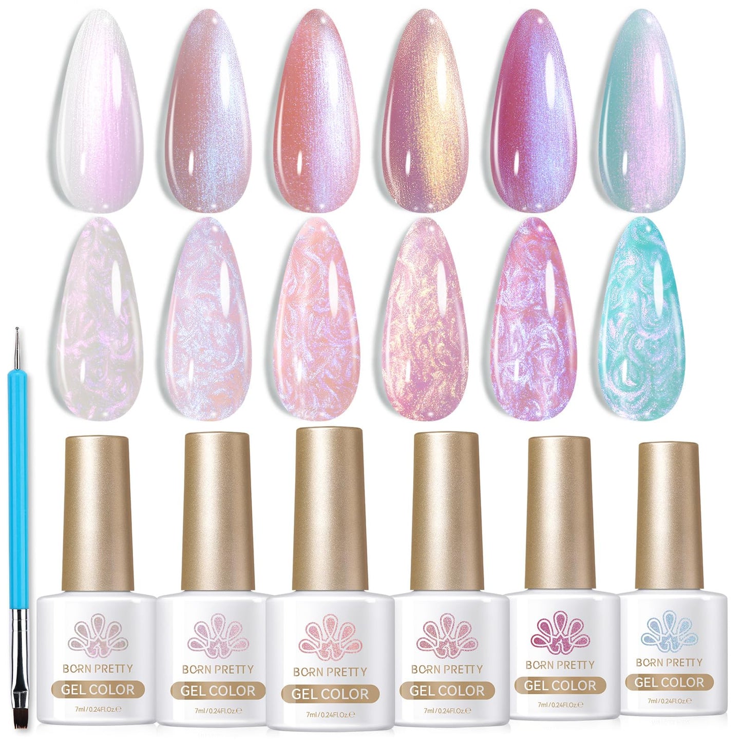 BORN PRETTY 6 Colors Jelly Nude Pink Cat Magnetic Eye Gel Polish Set with Magnet, Soak-Off U V/LED Iridescent Cat Gel for Nail Art Salon DIY Home