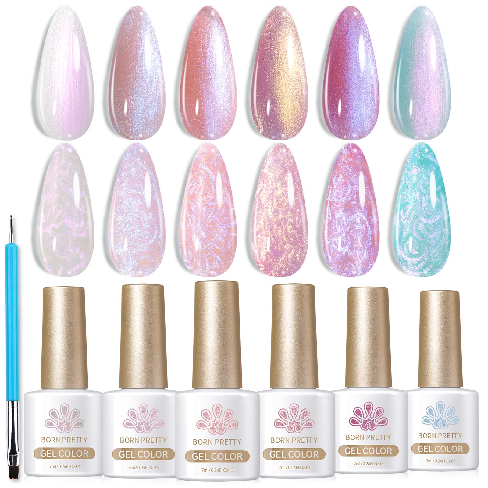 BORN PRETTY 6 Colors Jelly Nude Pink Cat Magnetic Eye Gel Polish Set with Magnet, Soak-Off U V/LED Iridescent Cat Gel for Nail Art Salon DIY Home