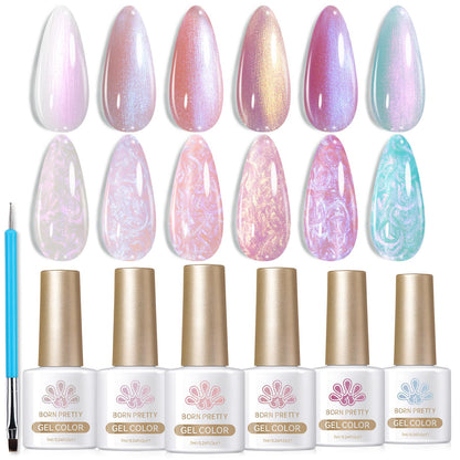 BORN PRETTY 6 Colors Jelly Nude Pink Cat Magnetic Eye Gel Polish Set with Magnet, Soak-Off U V/LED Iridescent Cat Gel for Nail Art Salon DIY Home