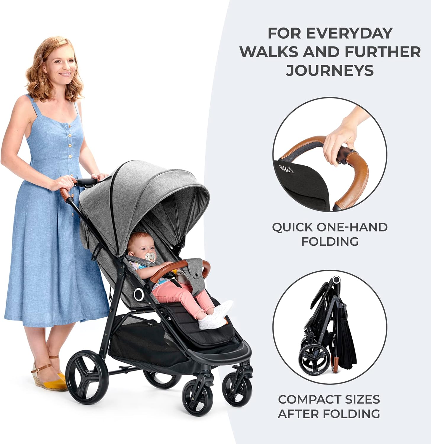 Kinderkraft GRANDE PLUS Stroller pushchair for toddlers from Birth to 22 kg, Extra-large hood, Lie-flat position, Folding with one hand, Shock absorption on all wheels, Black