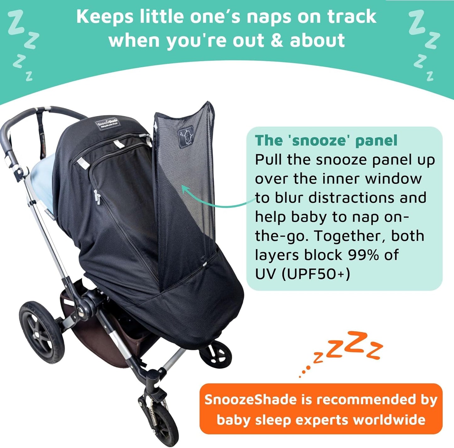 SnoozeShade Plus Extra (6m+) - Pram Sun Shade for Prams, Buggies, Travel Strollers & Pushchairs, Blocks 99% UV (UPF 50+), More Shade Than a Pram Parasol