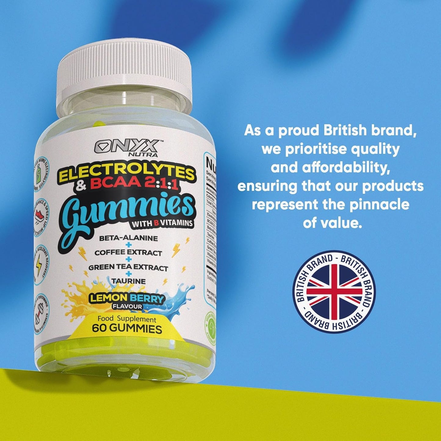 ONYX NUTRA Electrolytes Gummies 400mg with BCAAs & B Vitamins for Hydration + Beta-Alanine, Taurine, Green Tea & Coffee Extract - Zero Sugar - 120 Vegan Gummys, 60 Servings (120 Gummies)