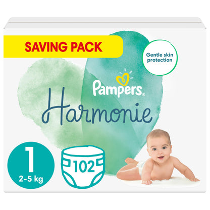 Pampers Harmonie Nappies Size 2, 204 Nappies, 4kg-8kg, Monthly Pack, Gentle Skin Protection with 100 Percent Pampers Protection