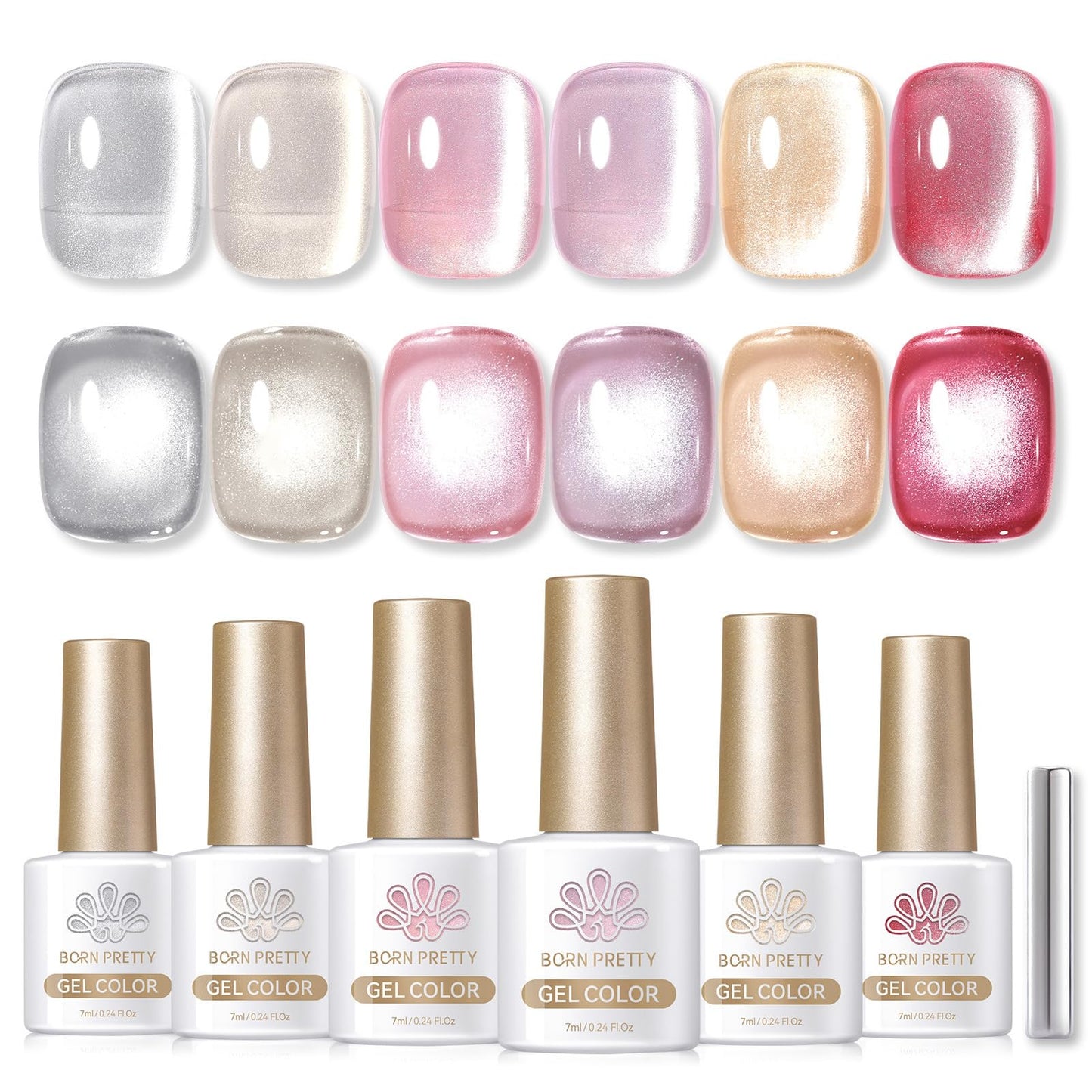BORN PRETTY 6 Colors Jelly Nude Pink Cat Magnetic Eye Gel Polish Set with Magnet, Soak-Off U V/LED Iridescent Cat Gel for Nail Art Salon DIY Home