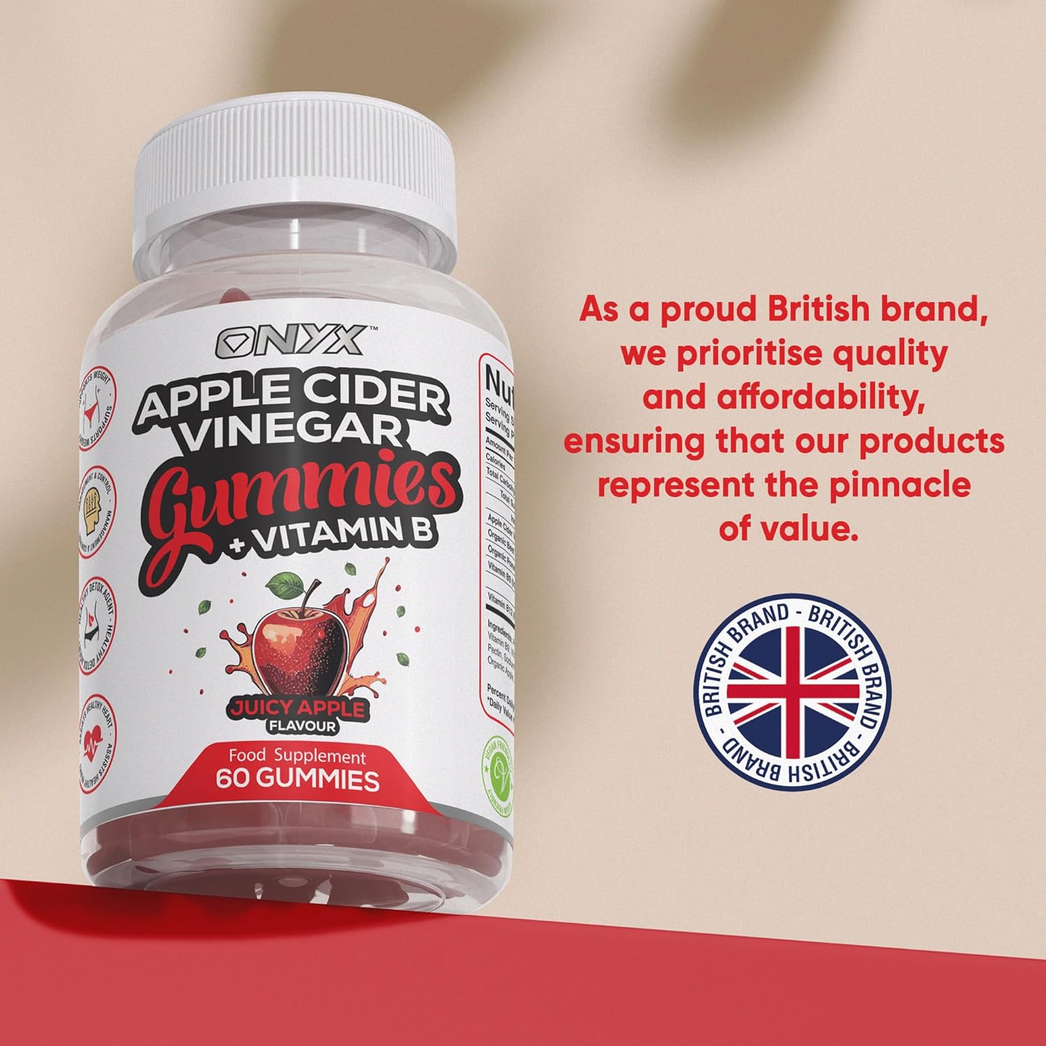 Apple Cider Vinegar Gummies, 1500mg ACV Gummies with Vitamin B, Chromium and Pomegranate | Non-GMO, Gluten-Free & Gelatine-Free | Juicy Apple Flavour | Vegan 60 Gummies (30 Servings)