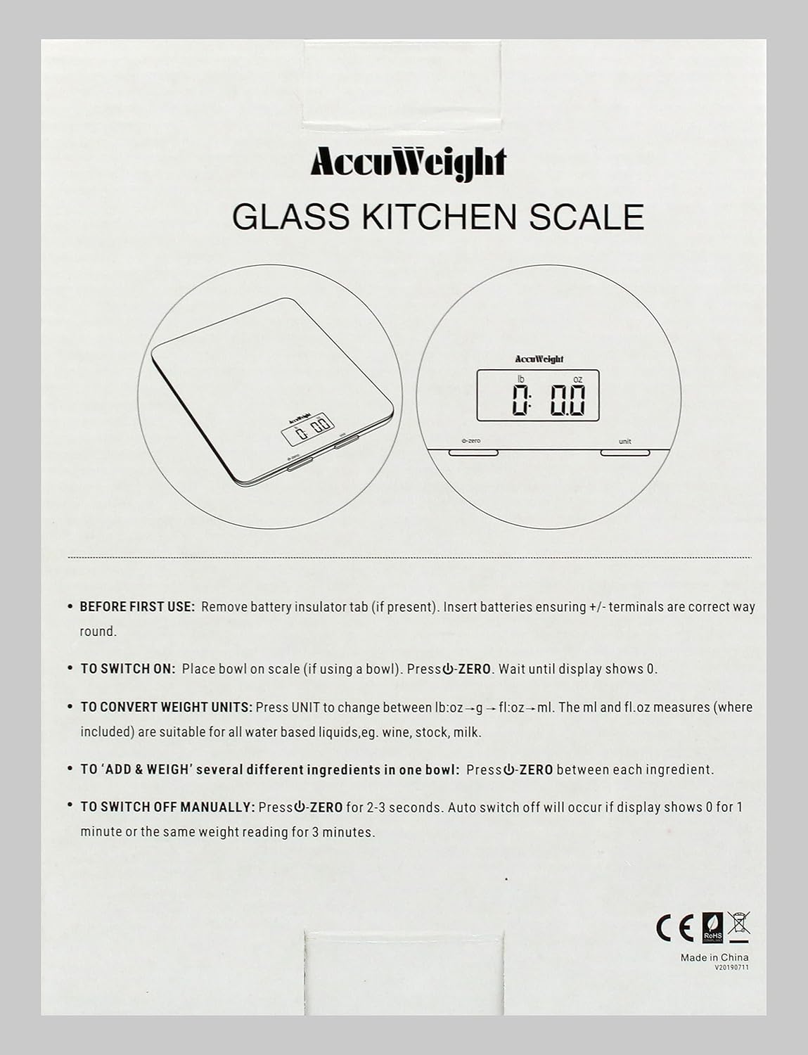 ACCUWEIGHT 201 Digital Kitchen Scales with Tempered Glass Platform (Batteries included), Electronic Weighing Food Scale with Backlit LCD, Multifunction for Office School Home Baking Cooking, 5kg/11lb