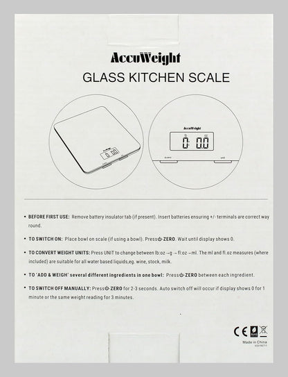 ACCUWEIGHT 201 Digital Kitchen Scales with Tempered Glass Platform (Batteries included), Electronic Weighing Food Scale with Backlit LCD, Multifunction for Office School Home Baking Cooking, 5kg/11lb