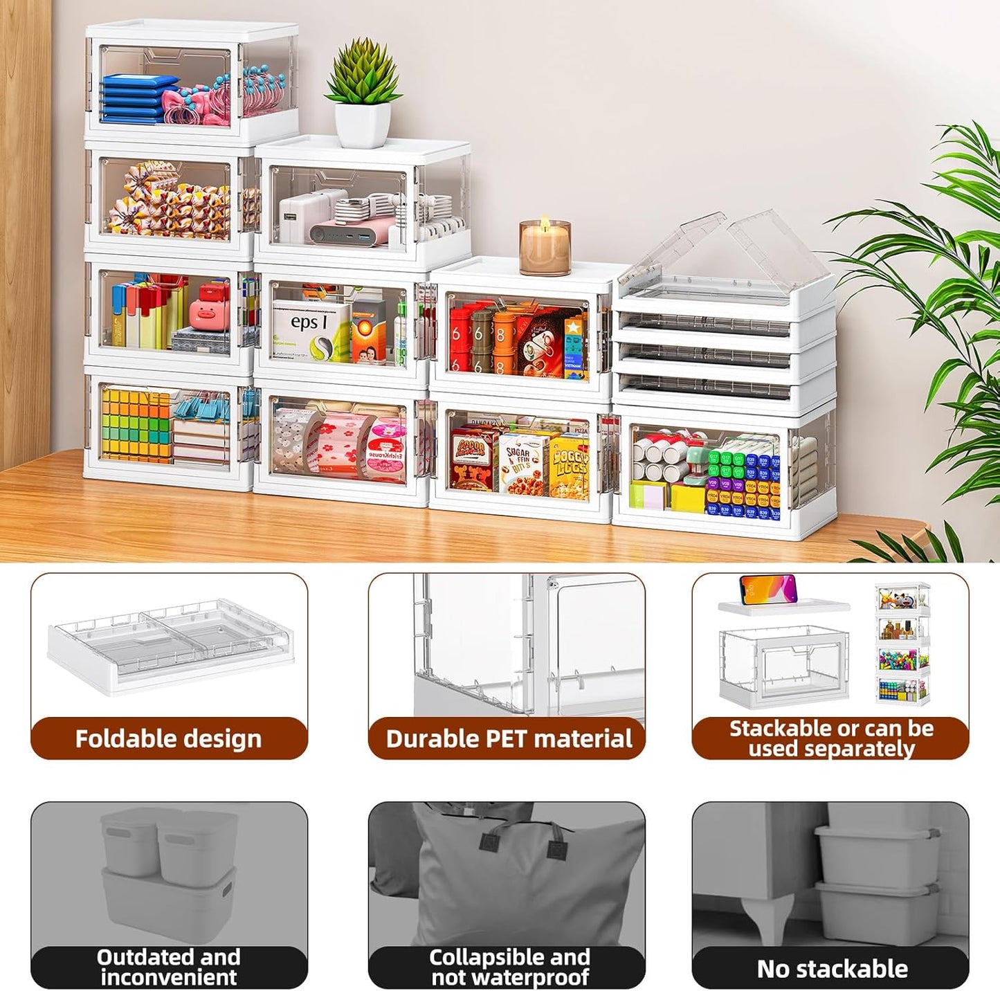 【Latest Model】 4 Pack Mini Stackable Storage Boxes with Lid Multifunctional & Foldable Storage Box for Crafts, Snacks, Stationery and Desk Supplies, Ideal for Desk Organiser Clear Organizer Boxes