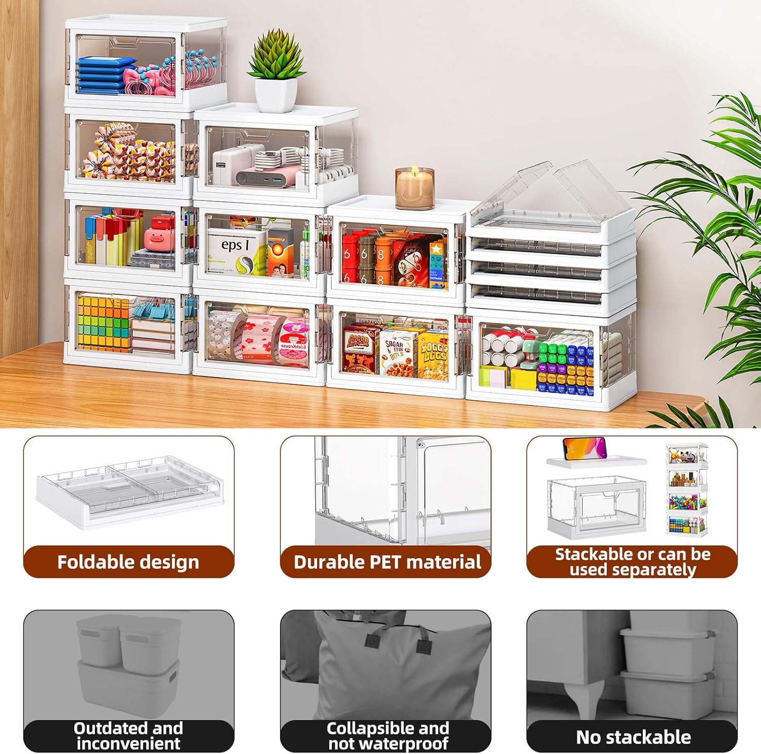 【Latest Model】 4 Pack Mini Stackable Storage Boxes with Lid Multifunctional & Foldable Storage Box for Crafts, Snacks, Stationery and Desk Supplies, Ideal for Desk Organiser Clear Organizer Boxes