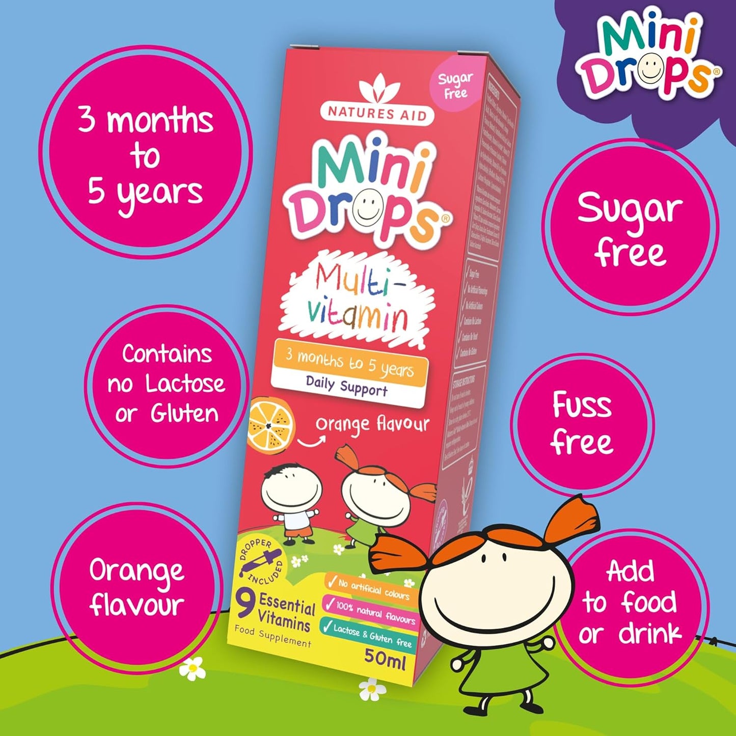 Natures Aid Mini Drops Multi-Vitamin for Babies & Kids 50ml – 9 Essential Vitamins Support Growth & Immune Health for Children Age 0-5 Years Old – Sugar Free Vegan Non-GMO Gluten-Free Dropper Included