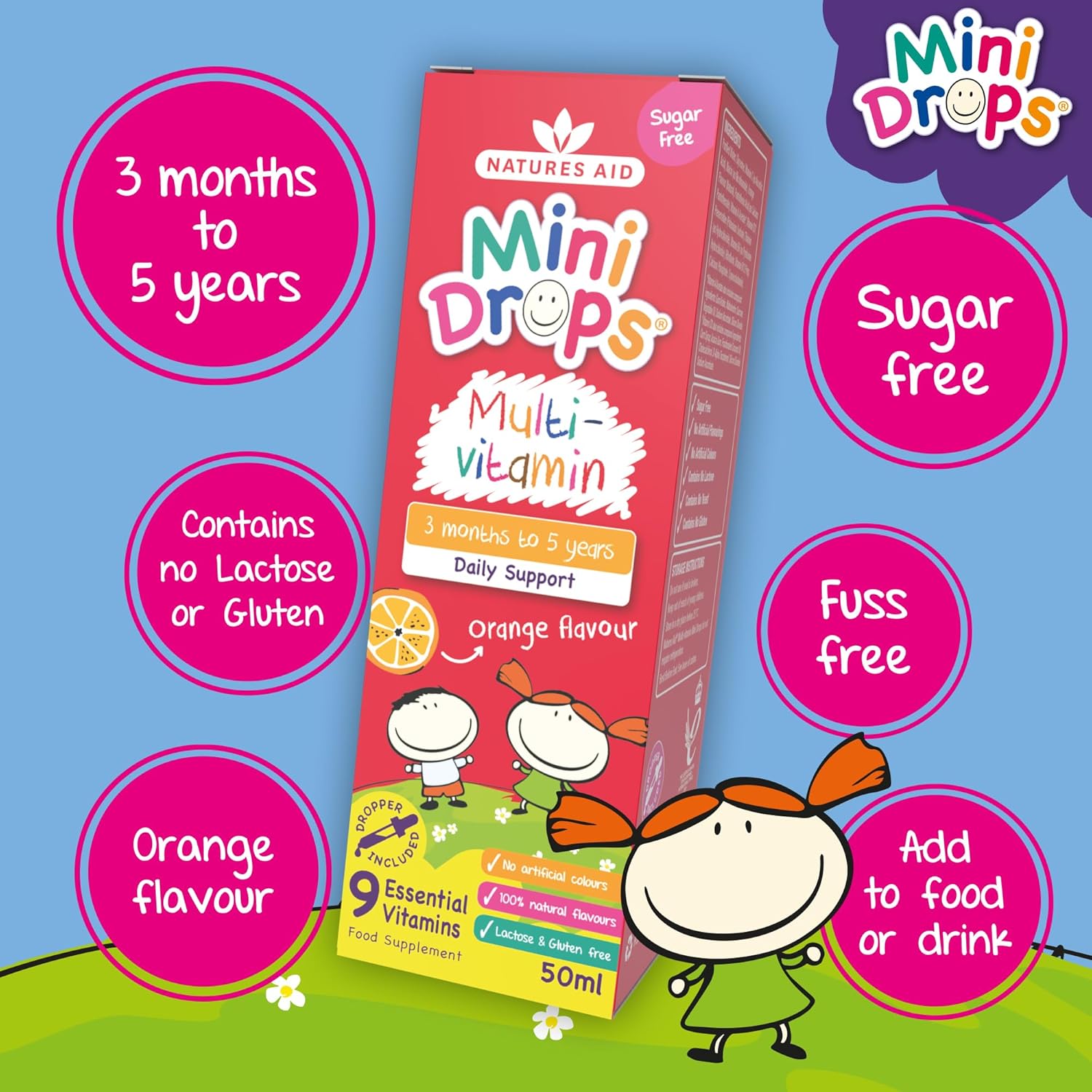 Natures Aid Mini Drops Multi-Vitamin for Babies & Kids 50ml – 9 Essential Vitamins Support Growth & Immune Health for Children Age 0-5 Years Old – Sugar Free Vegan Non-GMO Gluten-Free Dropper Included