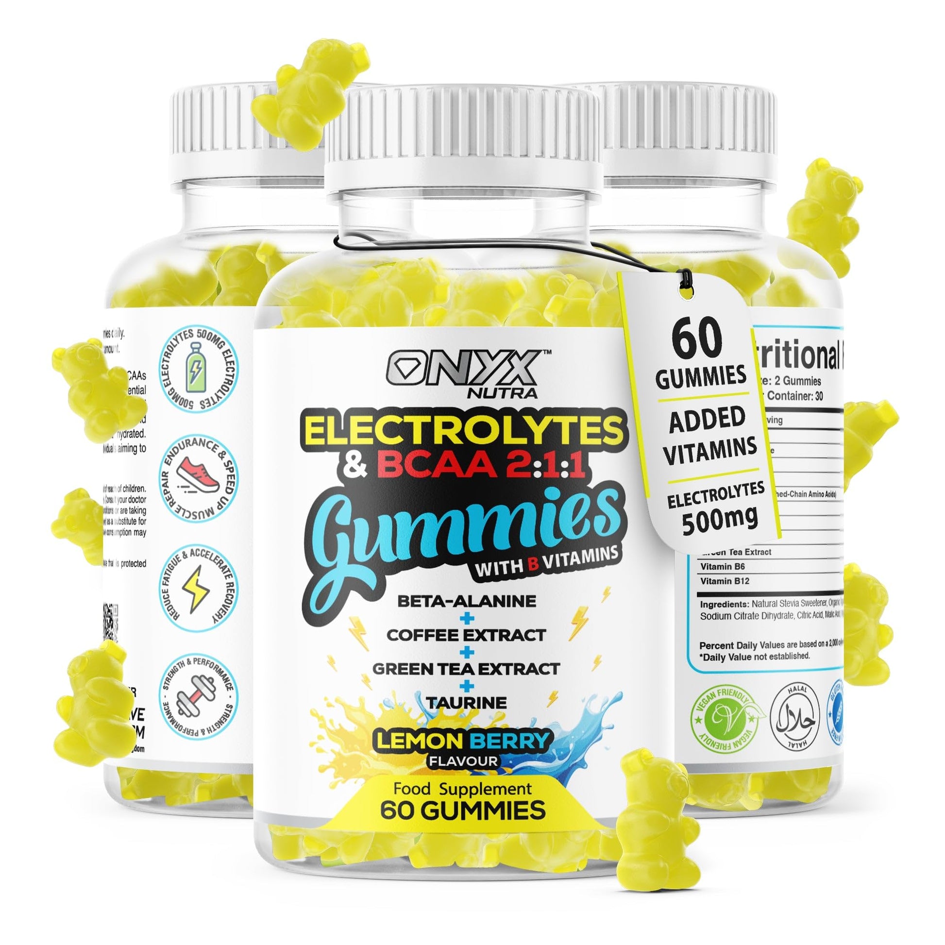 ONYX NUTRA Electrolytes Gummies 400mg with BCAAs & B Vitamins for Hydration + Beta-Alanine, Taurine, Green Tea & Coffee Extract - Zero Sugar - 120 Vegan Gummys, 60 Servings (120 Gummies)