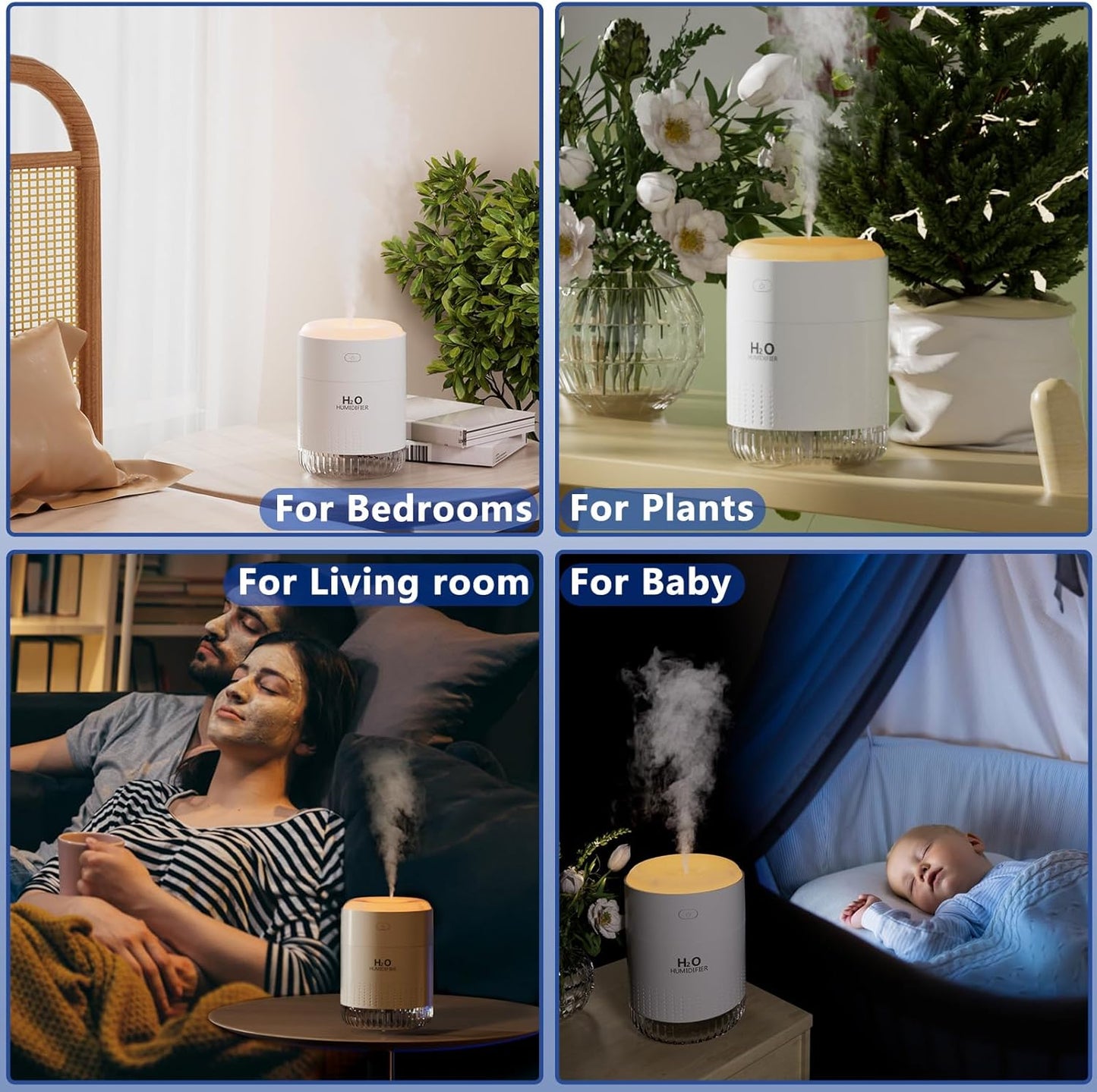 SZO Upgraded 500ML Humidifier for Bedroom with Night Light, Portable Humidifiers for Home and Plants, Humidifiers for Baby, Quiet Operation, Auto-Off, for Baby Room, Home, Office and Plants