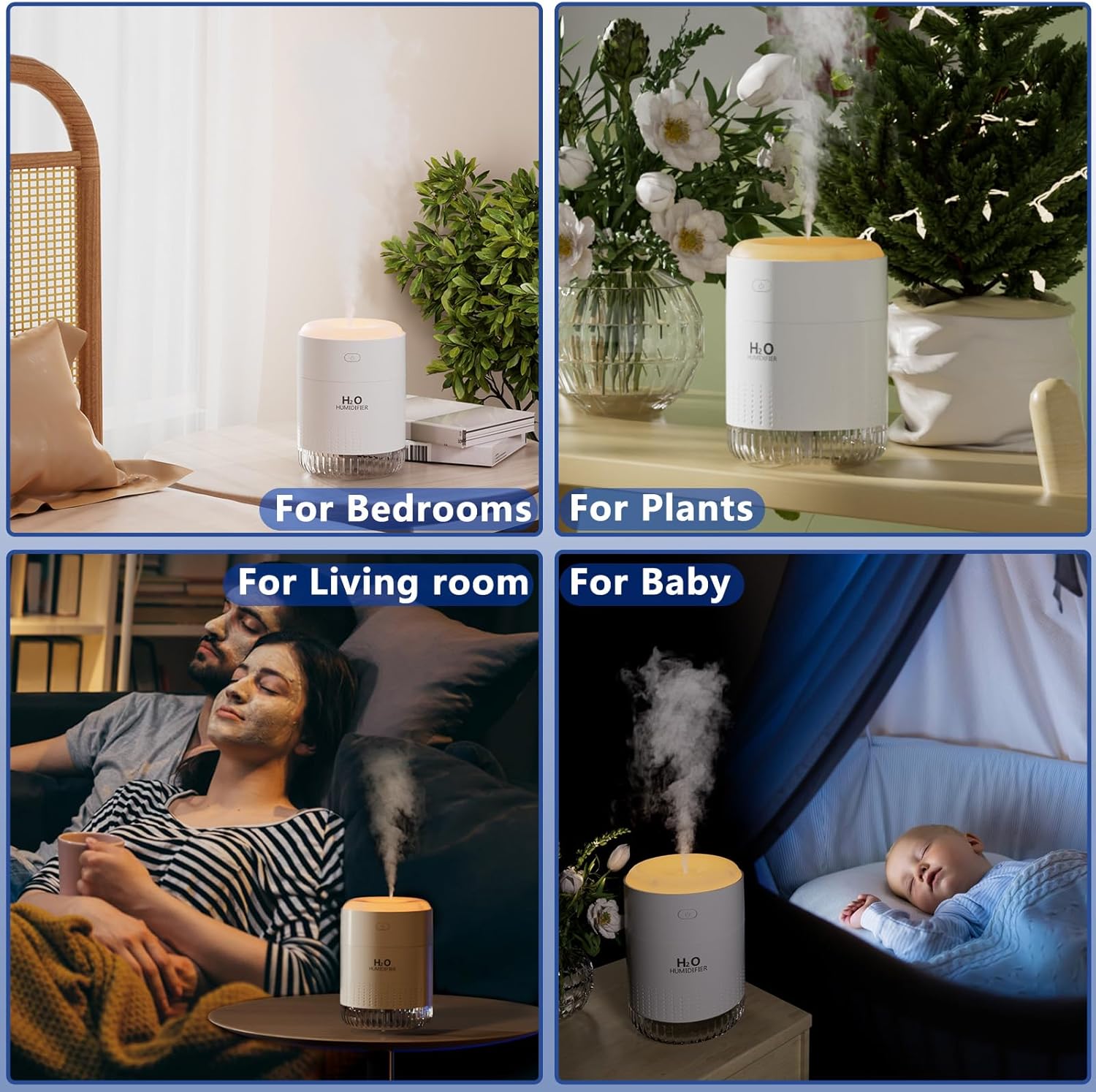 SZO Upgraded 500ML Humidifier for Bedroom with Night Light, Portable Humidifiers for Home and Plants, Humidifiers for Baby, Quiet Operation, Auto-Off, for Baby Room, Home, Office and Plants