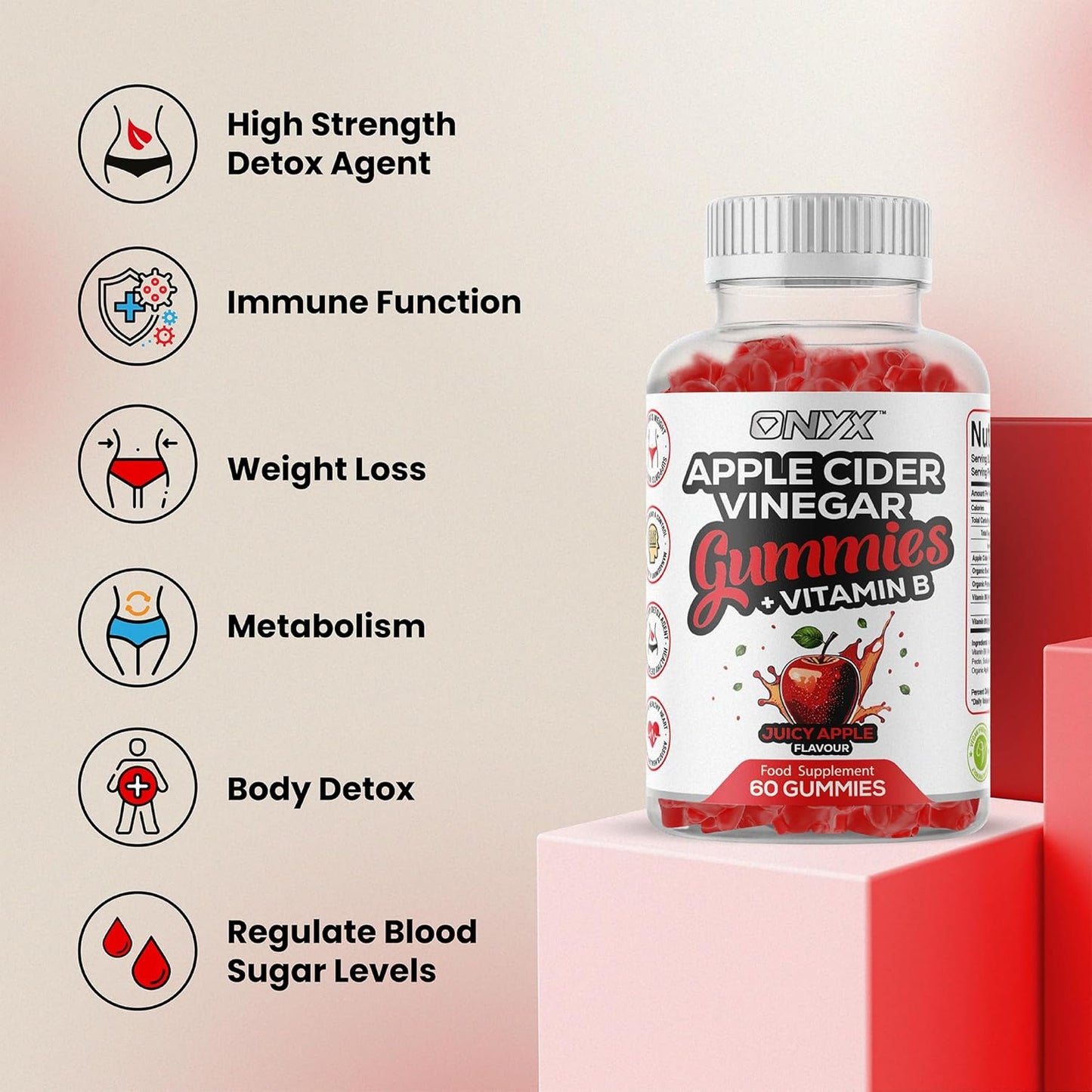 Apple Cider Vinegar Gummies, 1500mg ACV Gummies with Vitamin B, Chromium and Pomegranate | Non-GMO, Gluten-Free & Gelatine-Free | Juicy Apple Flavour | Vegan 60 Gummies (30 Servings)