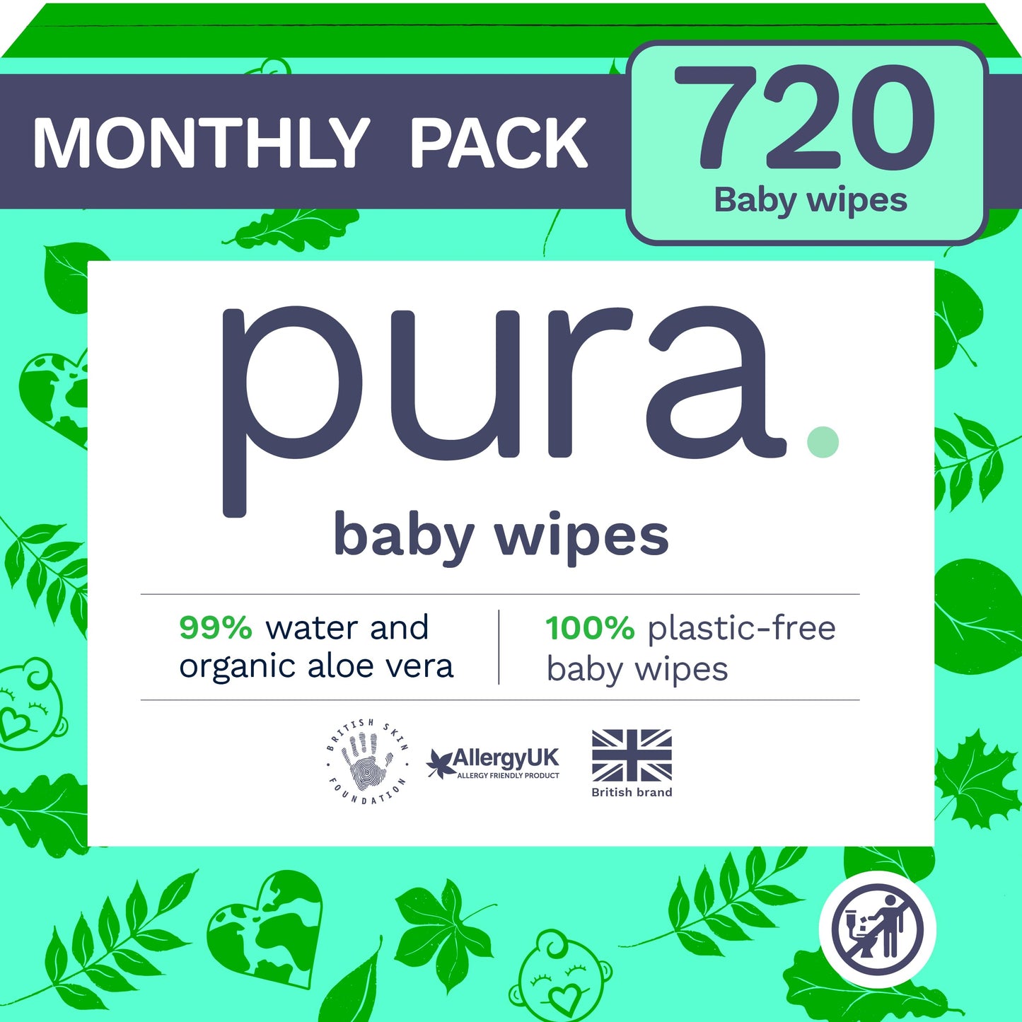 Pura Eco Flushable Baby Wipes - 1 Pack (60 Wipes) 100% Plastic Free, 99% Water, Suitable for Sensitive, Eczema Prone Skin, Newborn Baby & Toddlers, Biodegradable, Vegan, Potty Training