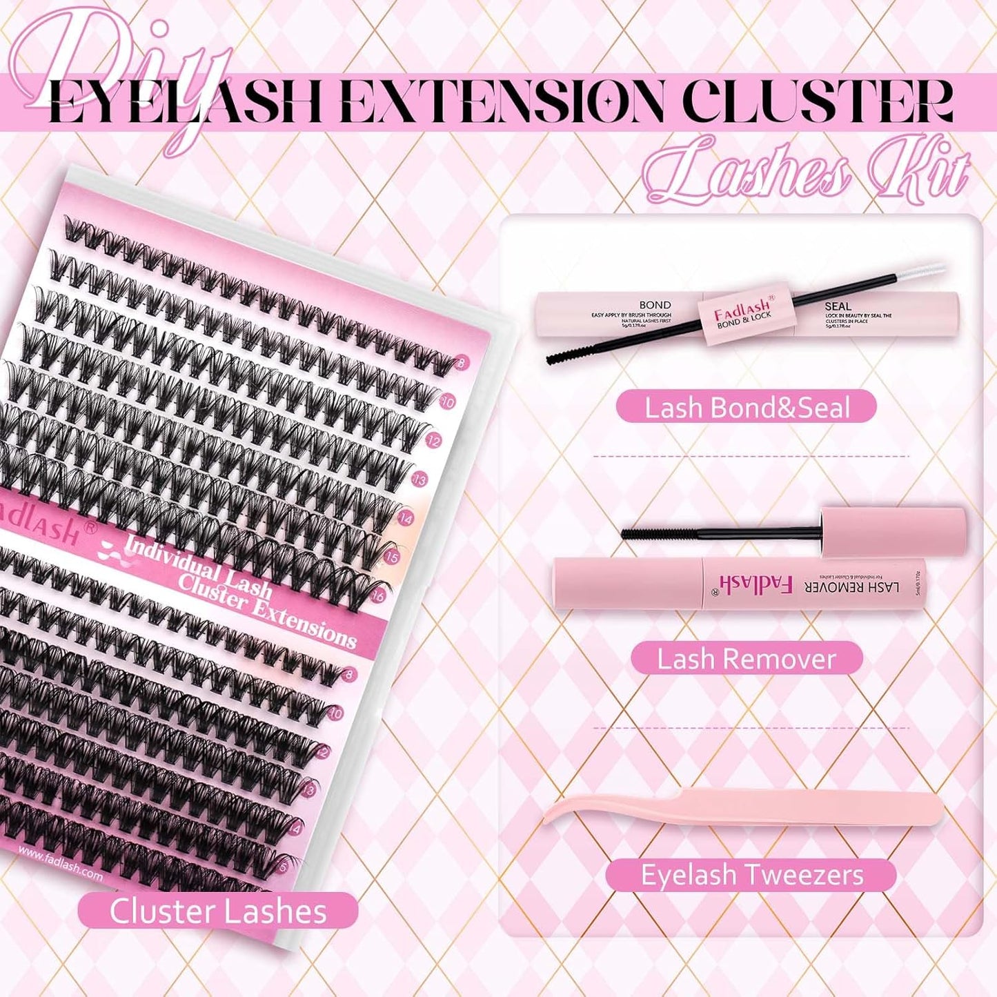 FADLASH DIY Lash Extension Kit Individual Lashes Clusters30P+40P D Curl 8-16mm Lash Bond and Seal, Clusters Lash Glue Remover and Eyelash Tweezers for Eyelash Extensions
