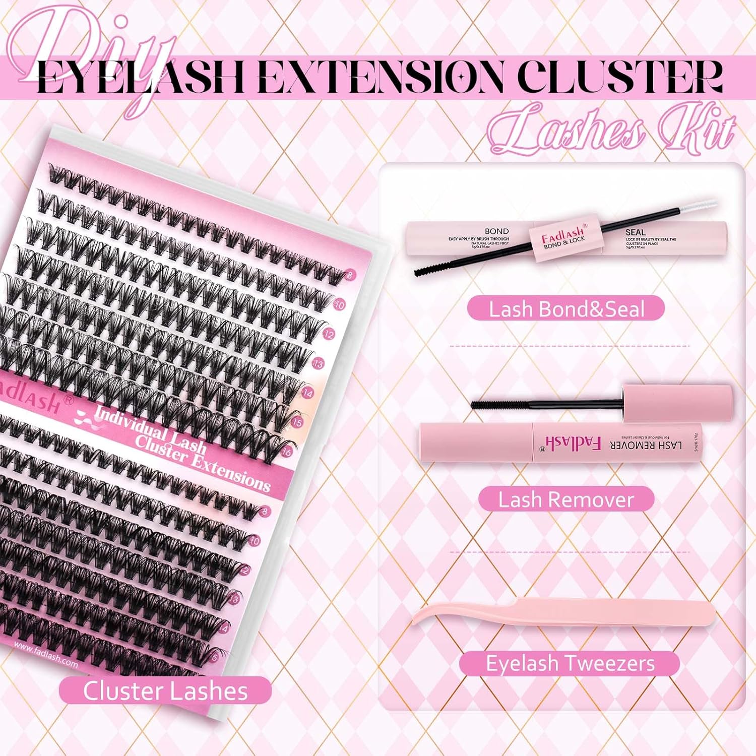 FADLASH DIY Lash Extension Kit Individual Lashes Clusters30P+40P D Curl 8-16mm Lash Bond and Seal, Clusters Lash Glue Remover and Eyelash Tweezers for Eyelash Extensions