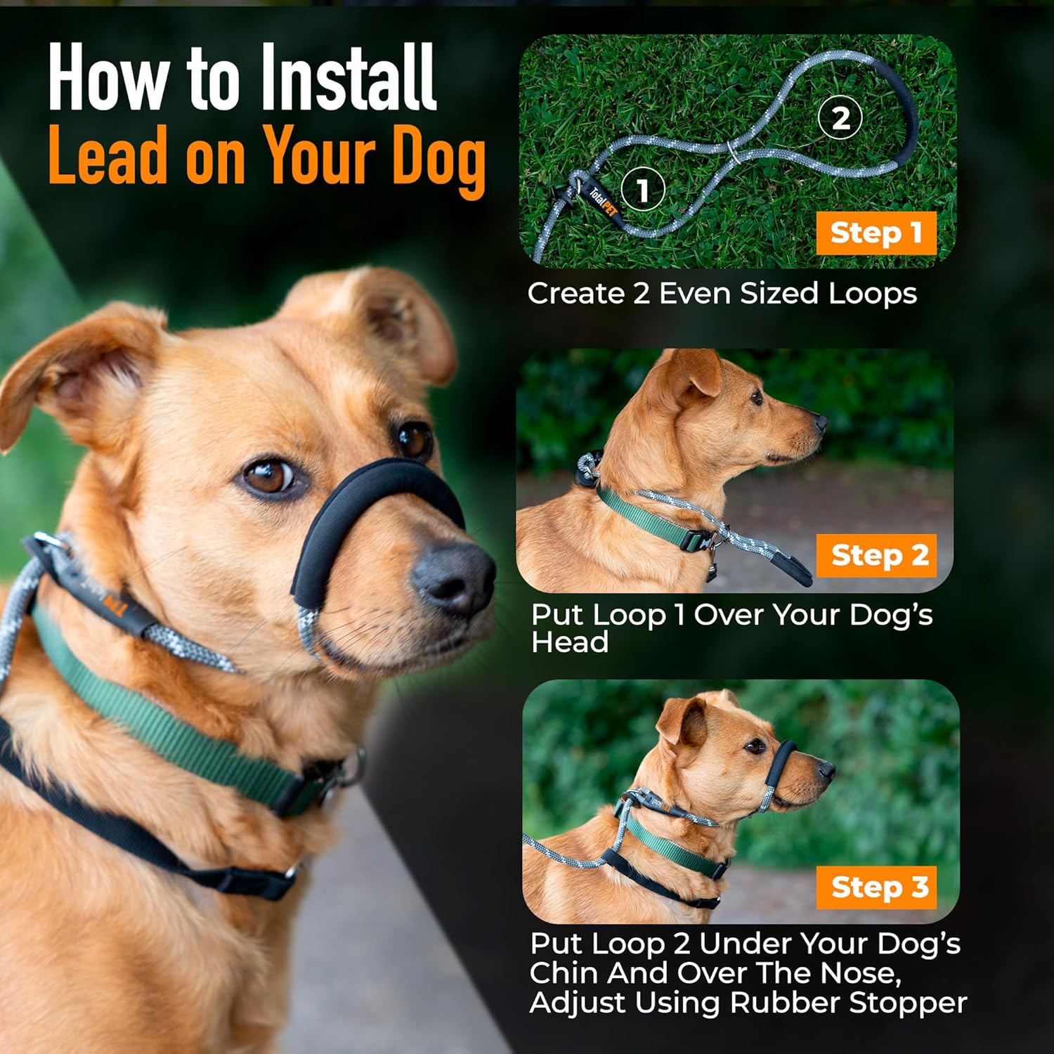 Figure of 8 Dog Lead - Anti Pull Stop Dogs Pulling - Rope Slip Leads with Padded Nose Support (Small/Medium)