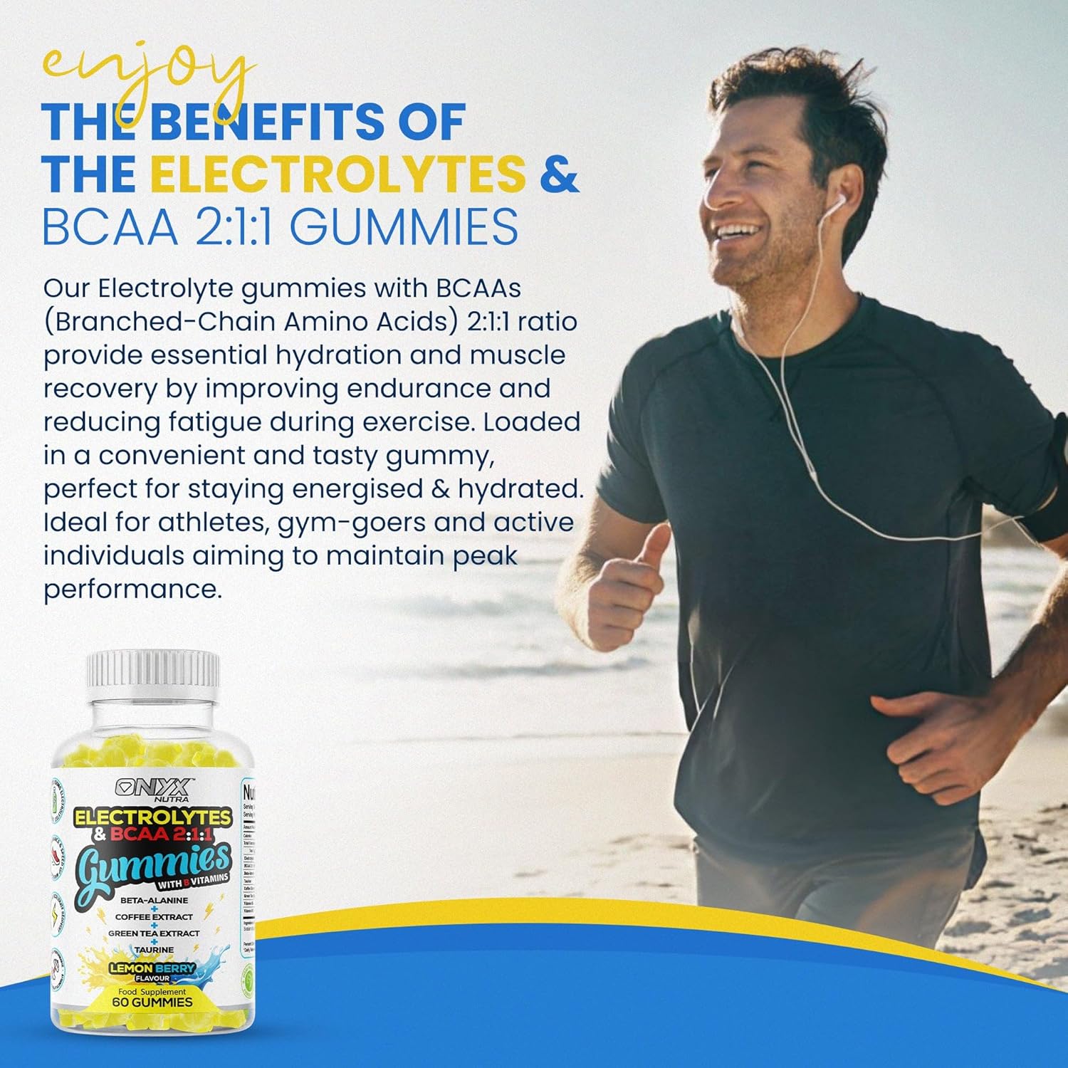 Electrolytes Gummies with BCAAs & B Vitamins - 500mg Electrolytes, Taurine, Green Tea & Coffee Extract - Vegan & Vegetarian - 60 Gummies, 30 Servings (1)