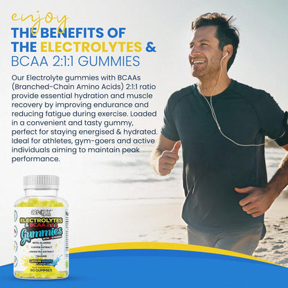 Electrolytes Gummies with BCAAs & B Vitamins - 500mg Electrolytes, Taurine, Green Tea & Coffee Extract - Vegan & Vegetarian - 60 Gummies, 30 Servings (1)