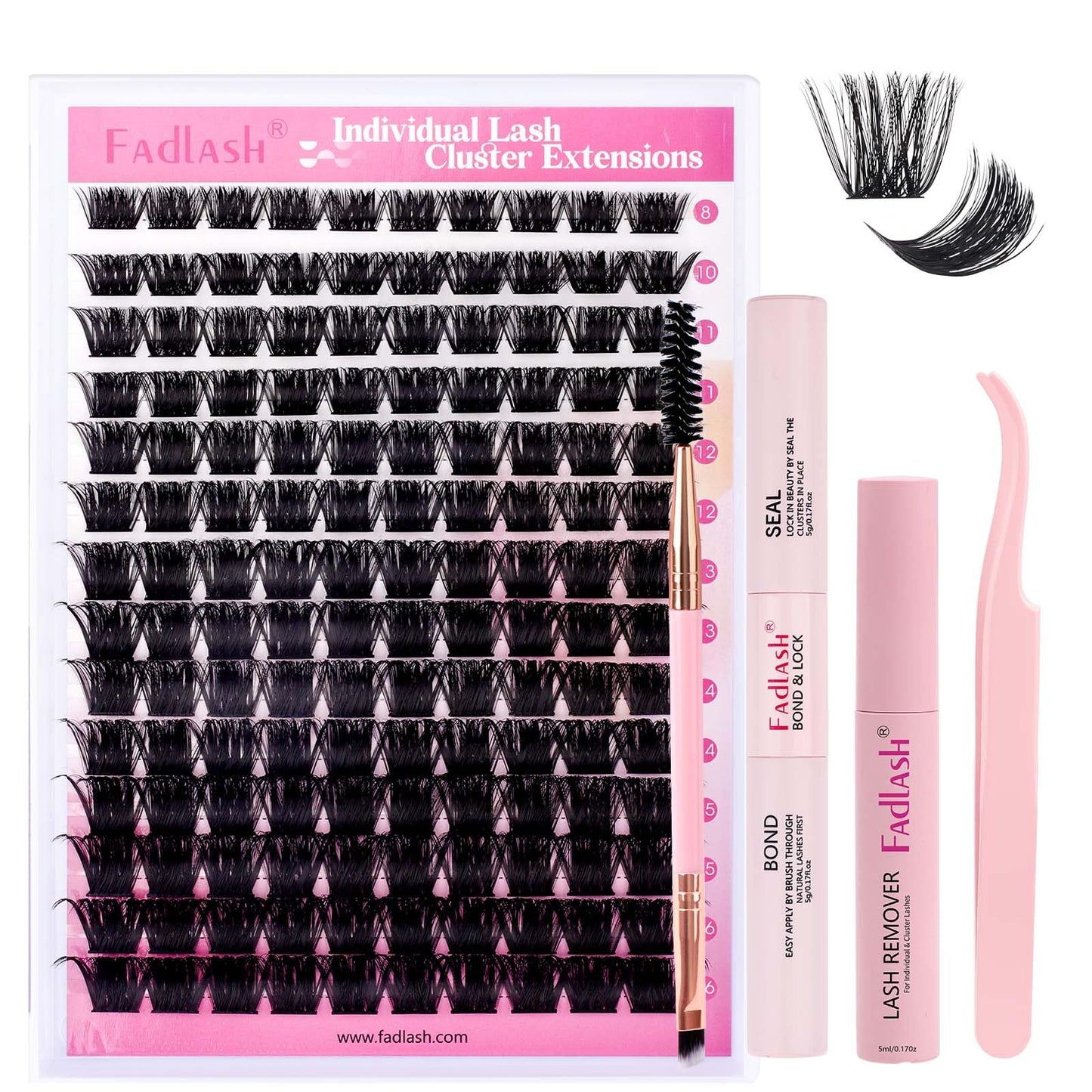 FADLASH DIY Lash Extension Kit Individual Lashes Clusters30P+40P D Curl 8-16mm Lash Bond and Seal, Clusters Lash Glue Remover and Eyelash Tweezers for Eyelash Extensions