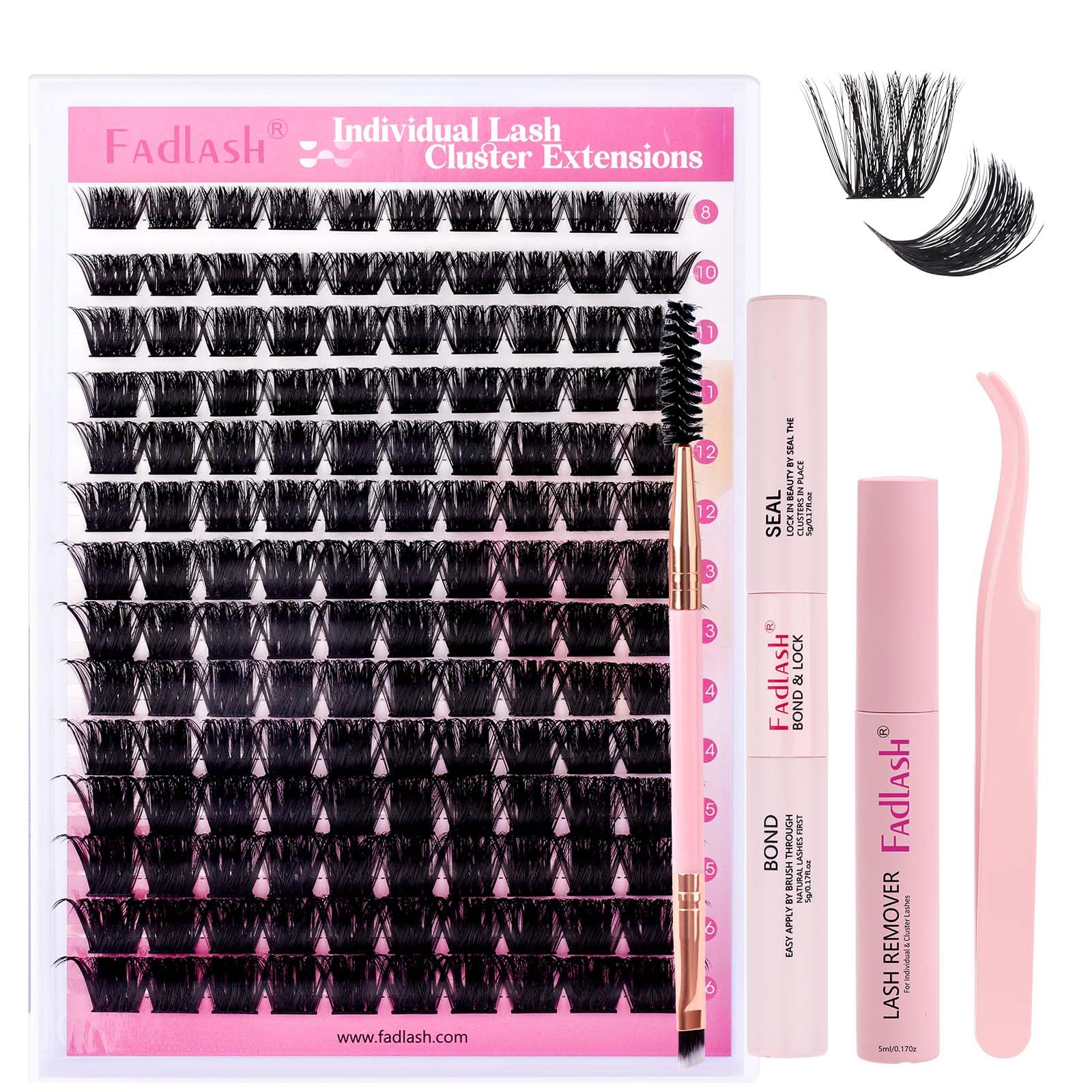 FADLASH DIY Lash Extension Kit Individual Lashes Clusters30P+40P D Curl 8-16mm Lash Bond and Seal, Clusters Lash Glue Remover and Eyelash Tweezers for Eyelash Extensions