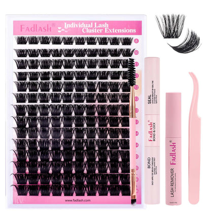 FADLASH DIY Lash Extension Kit Individual Lashes Clusters30P+40P D Curl 8-16mm Lash Bond and Seal, Clusters Lash Glue Remover and Eyelash Tweezers for Eyelash Extensions