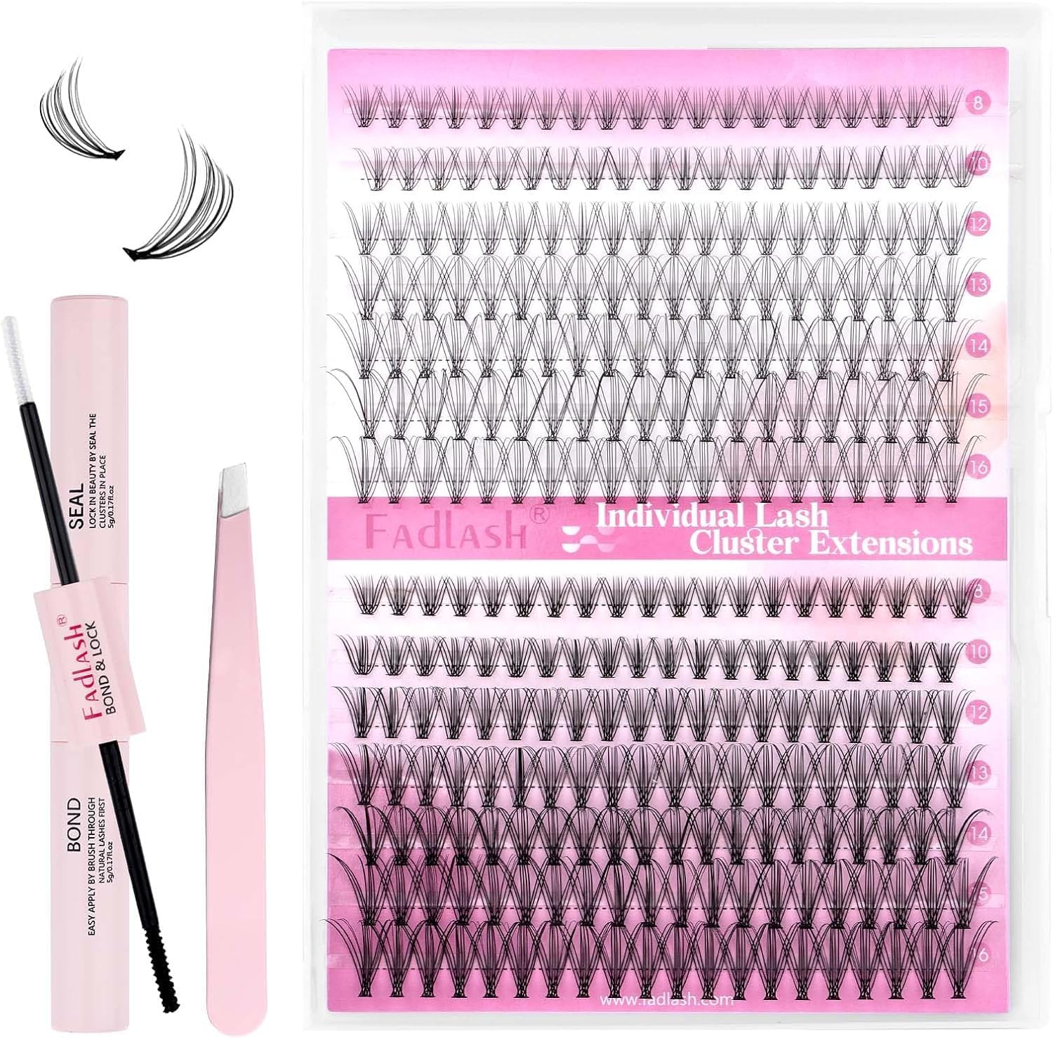 FADLASH DIY Lash Extension Kit Individual Lashes Clusters30P+40P D Curl 8-16mm Lash Bond and Seal, Clusters Lash Glue Remover and Eyelash Tweezers for Eyelash Extensions