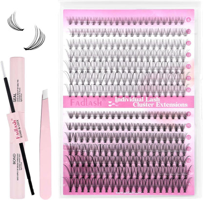 FADLASH DIY Lash Extension Kit Individual Lashes Clusters30P+40P D Curl 8-16mm Lash Bond and Seal, Clusters Lash Glue Remover and Eyelash Tweezers for Eyelash Extensions