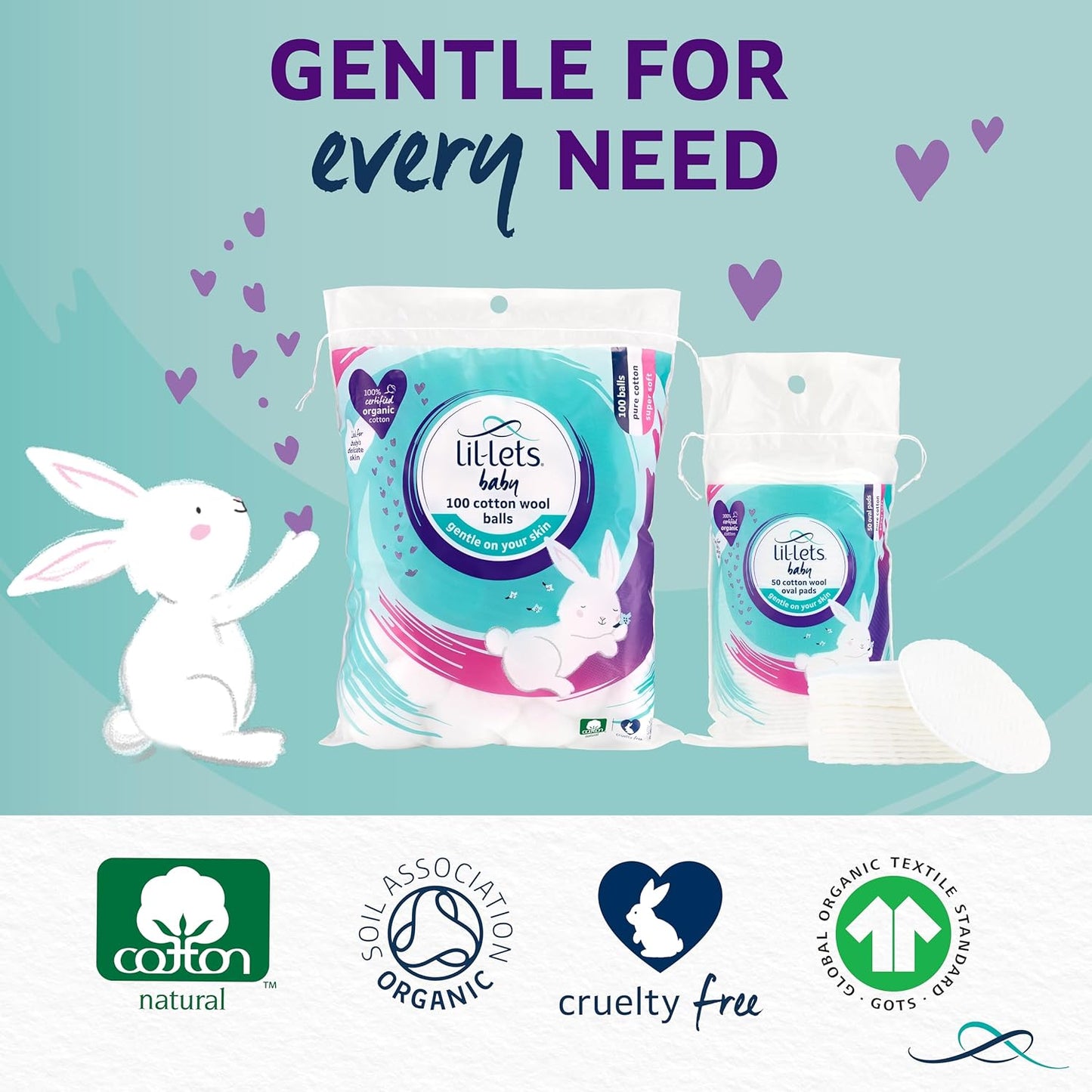 Lil-Lets Baby Cotton Wool Oval Pads, Certified Organic, 100% Pure Cotton Wool, Soft and Absorbent, Gentle on Baby's Delicate Skin, Dermatologically Tested, Ideal for Newborns, Pack of 50 Oval Pads