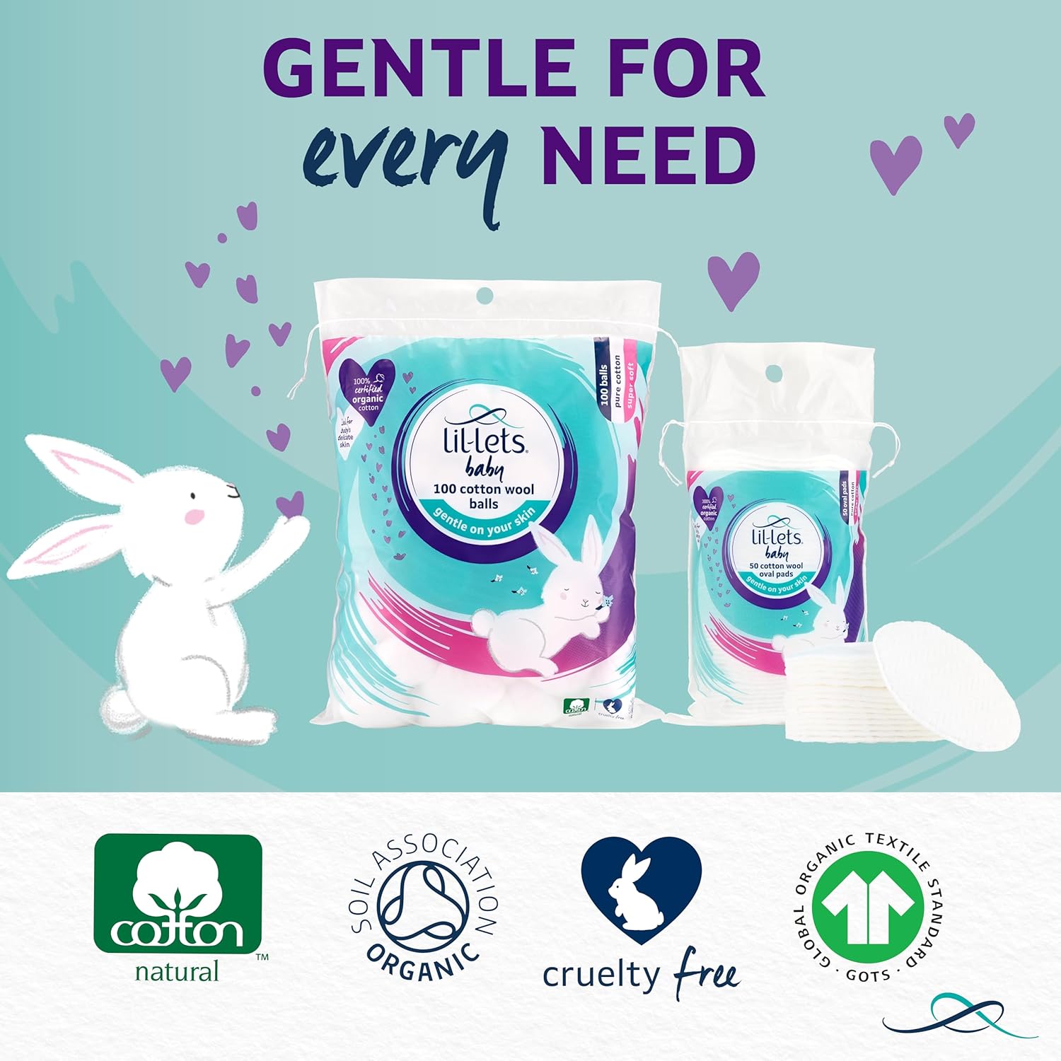 Lil-Lets Baby Cotton Wool Oval Pads, Certified Organic, 100% Pure Cotton Wool, Soft and Absorbent, Gentle on Baby's Delicate Skin, Dermatologically Tested, Ideal for Newborns, Pack of 50 Oval Pads