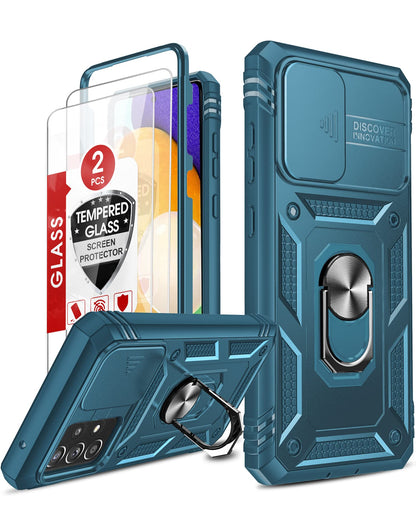 LeYi for Samsung Galaxy A32 5G Case and 2 Tempered Glass Screen Protector with Slide Camera Cover, Ring Holder Full Body Protective Heavy Duty Shockproof Silicone Tough Hard Armour Phone Case,Sea Blue