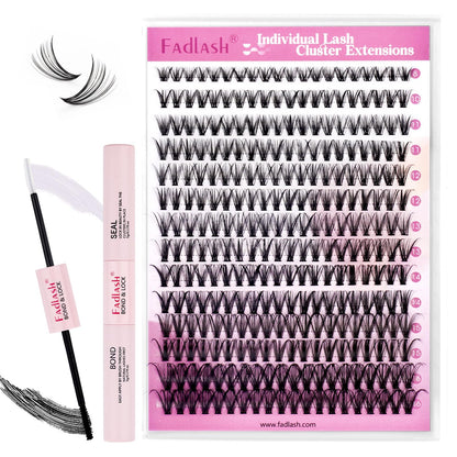 FADLASH DIY Lash Extension Kit Individual Lashes Clusters30P+40P D Curl 8-16mm Lash Bond and Seal, Clusters Lash Glue Remover and Eyelash Tweezers for Eyelash Extensions