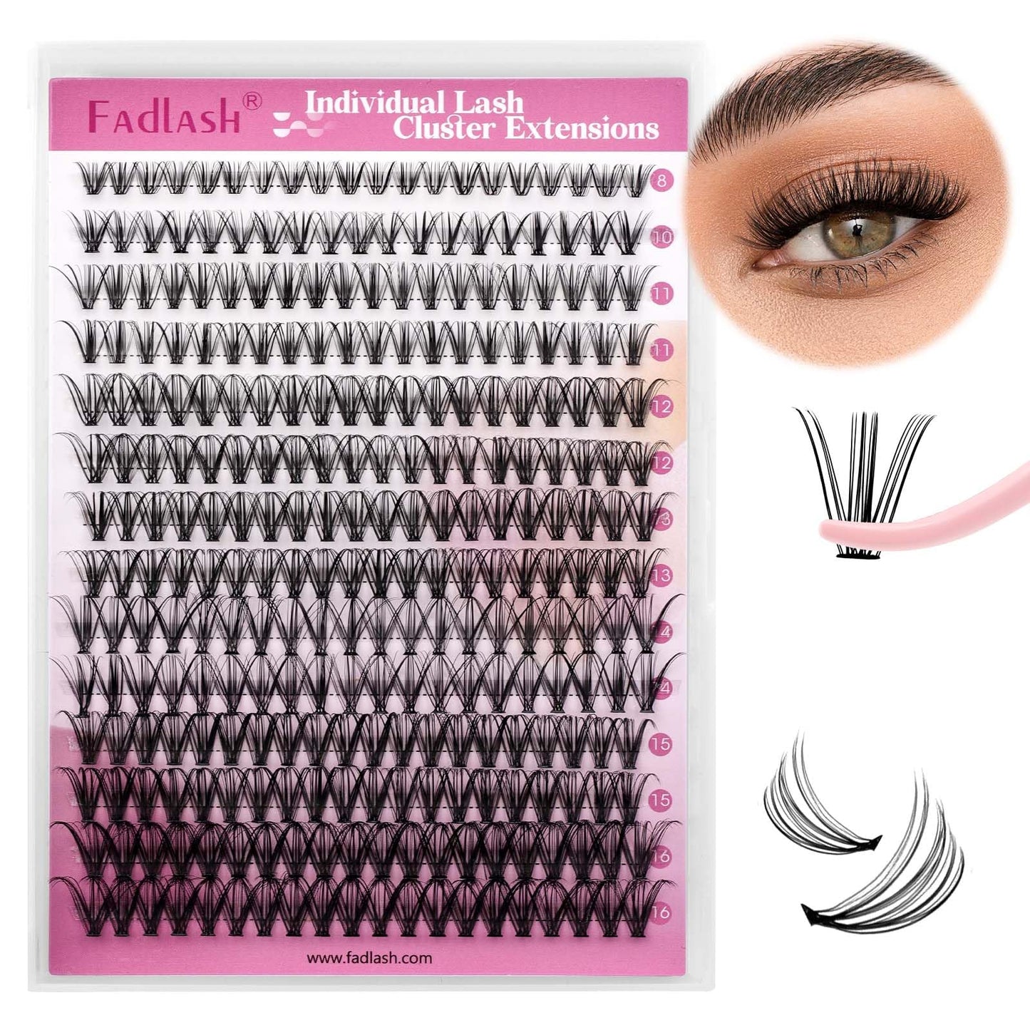 FADLASH DIY Lash Extension Kit Individual Lashes Clusters30P+40P D Curl 8-16mm Lash Bond and Seal, Clusters Lash Glue Remover and Eyelash Tweezers for Eyelash Extensions