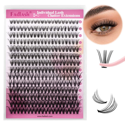 FADLASH DIY Lash Extension Kit Individual Lashes Clusters30P+40P D Curl 8-16mm Lash Bond and Seal, Clusters Lash Glue Remover and Eyelash Tweezers for Eyelash Extensions