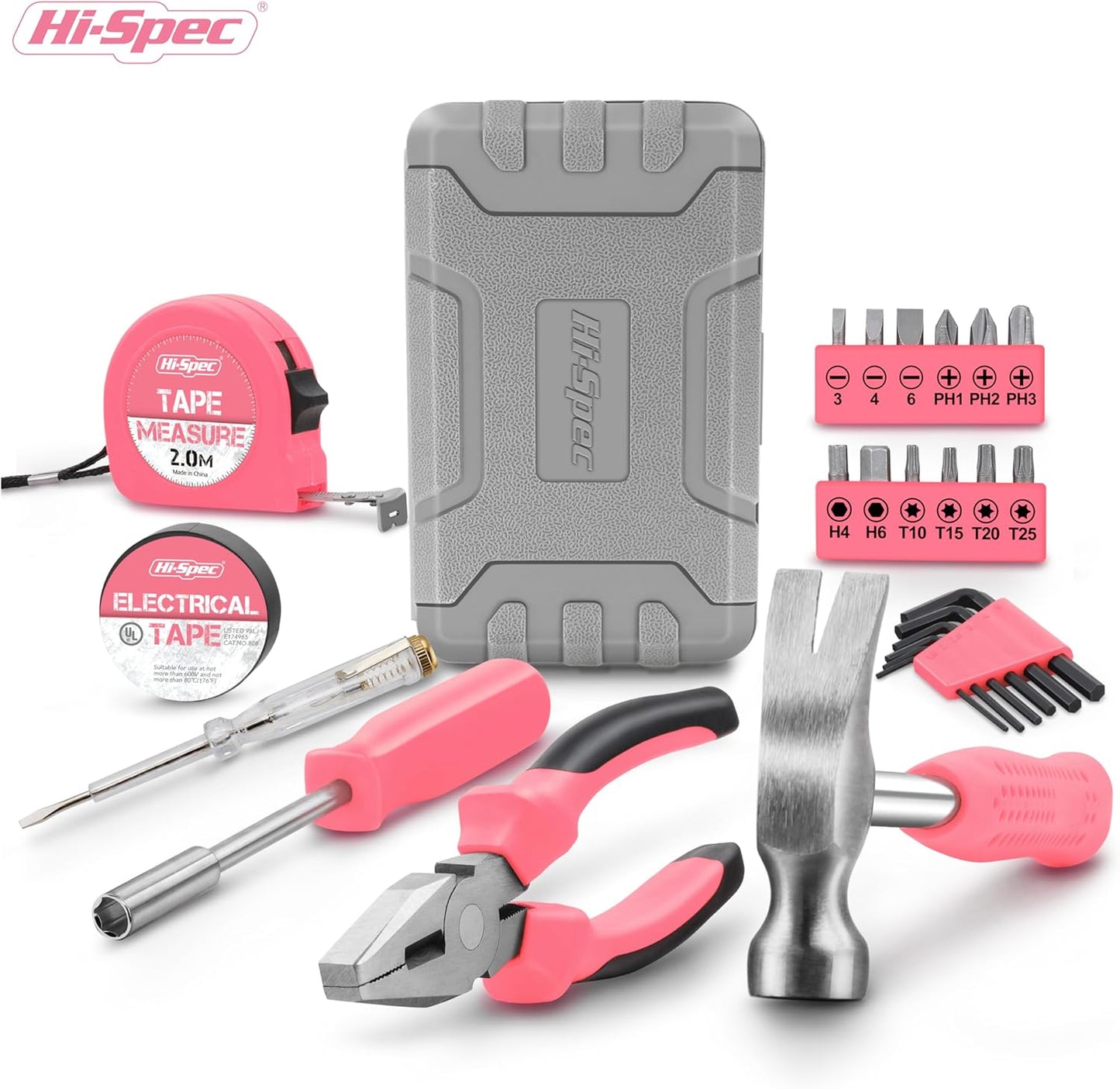 Hi-Spec Pink Small Tool Kit for Home DIY, Repairs & Crafts – 24pc Lady Tool Set with Mini Hammer, Pliers, Screwdriver Set, Hex Keys & Tape Measure in Compact Tool Box Case – Gift for Women