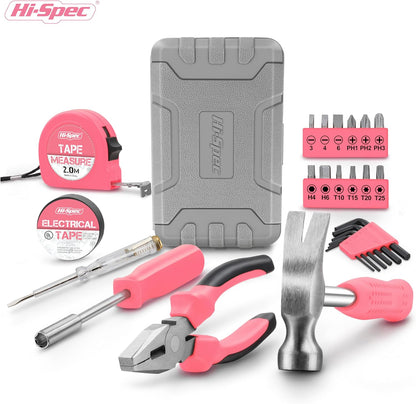 Hi-Spec Pink Small Tool Kit for Home DIY, Repairs & Crafts – 24pc Lady Tool Set with Mini Hammer, Pliers, Screwdriver Set, Hex Keys & Tape Measure in Compact Tool Box Case – Gift for Women