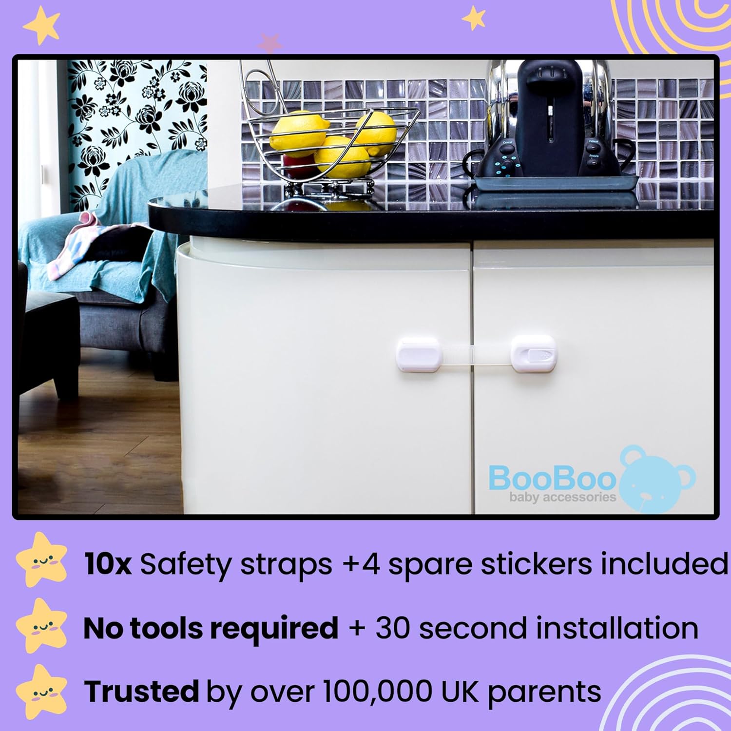 BooBoo® (10 PACK) Premium Child Locks For Kitchen Cupboards, Child Proof Cabinet Locks, Drawer Locks Baby Proofing Cabinets with No Drilling, Extra strong Adhesive + 4 Extra Stickers