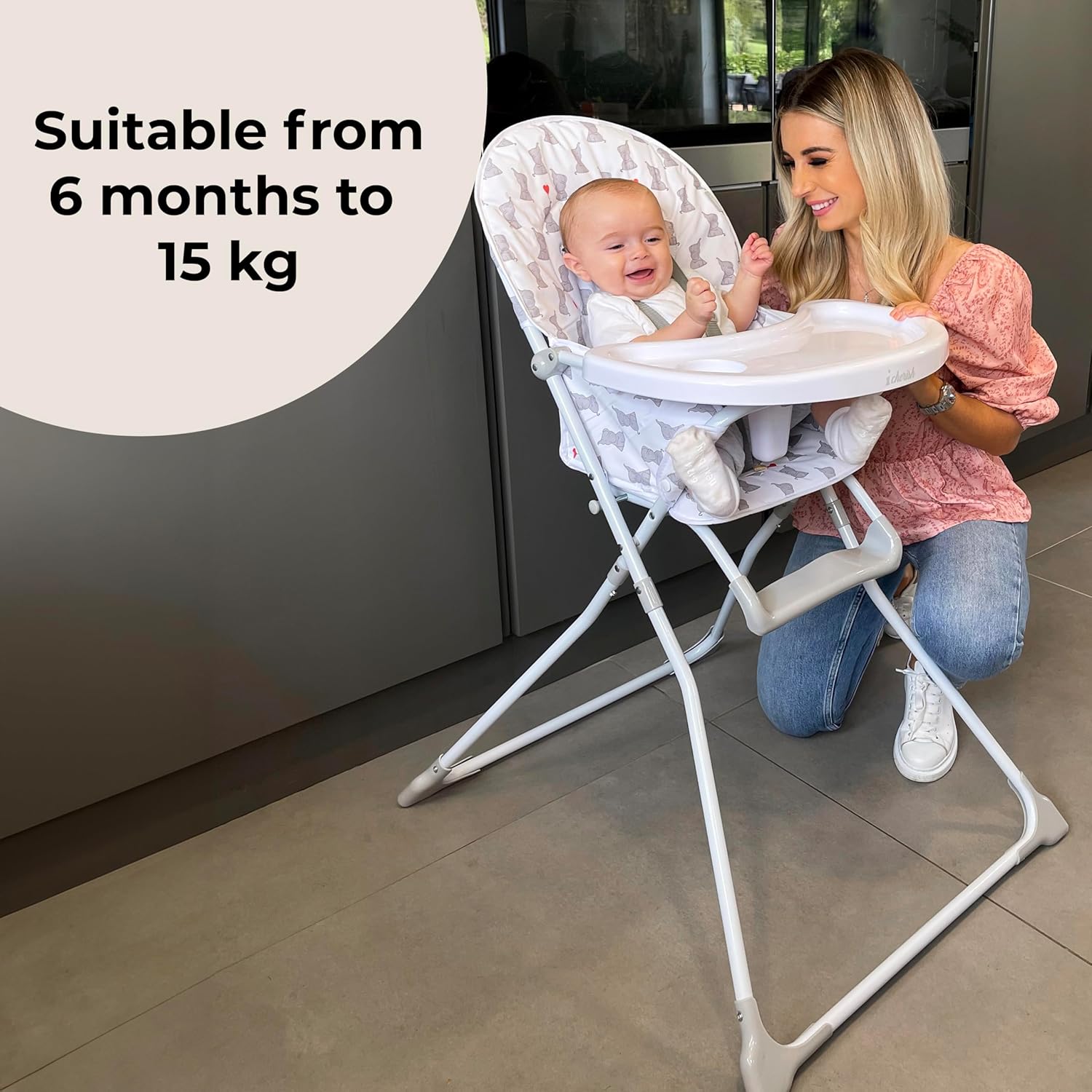 My Babiie MBHC1 Compact Highchair – Ultra Lightweight (5kg), Foldable, Easy Clean, Padded Seat, Footrest, Tray Cup Holder, for Toddler, from 6 Months to 3 Years (15kg) – Elephants