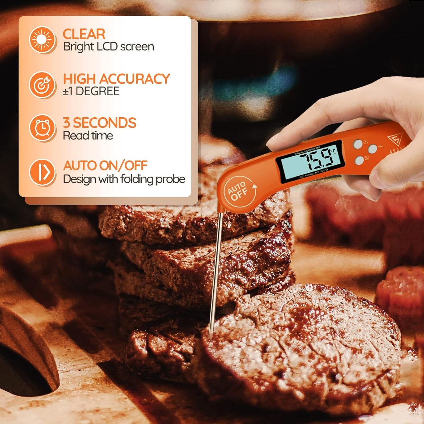 DOQAUS Food Thermometer, Instant Read Meat Thermometers, Digital Cooking Thermometer, Backlight LCD Screen Foldable Long Probe, Auto On/Off, Perfect for Kitchen Cooking, BBQ, Water,Meat, Milk(Orange)