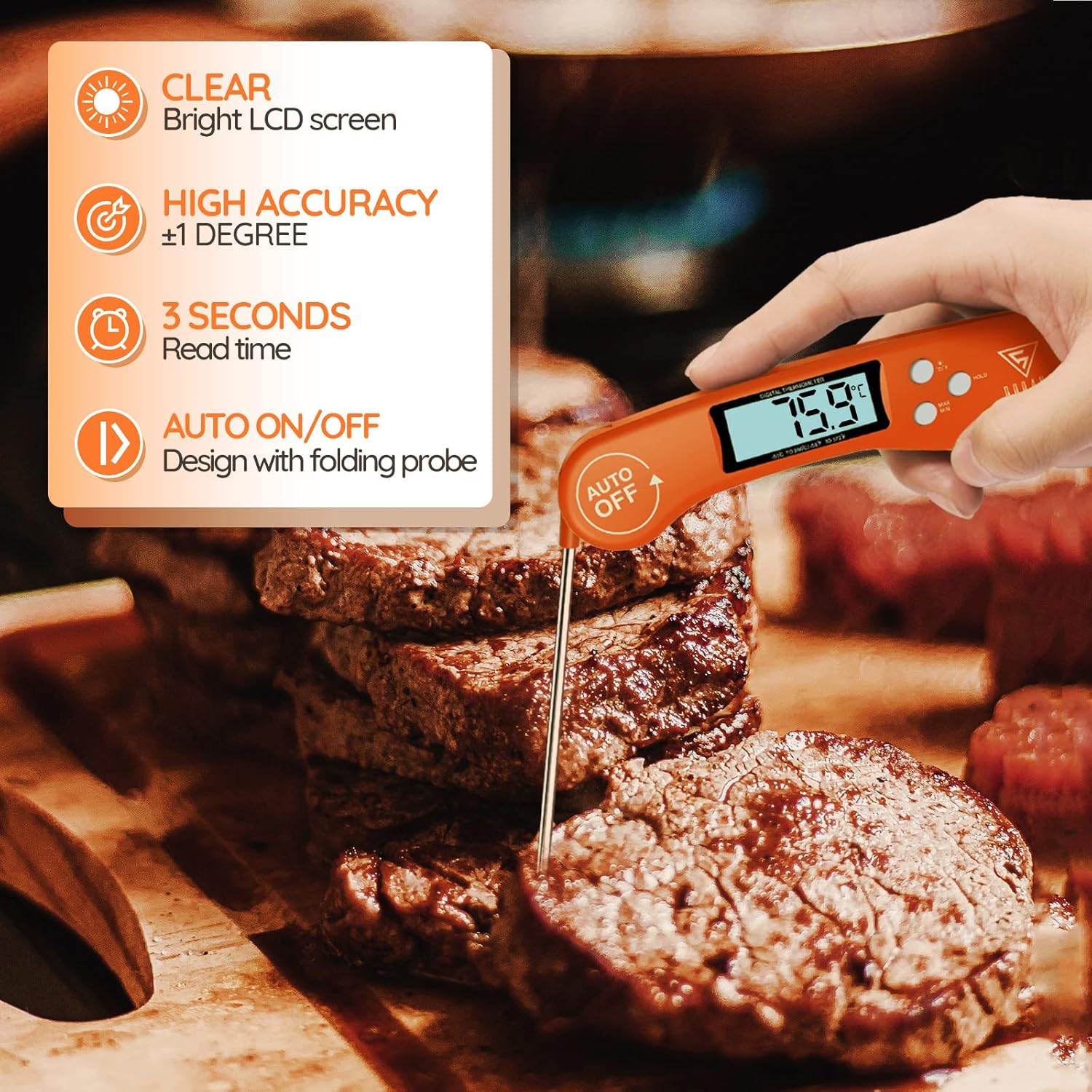 DOQAUS Food Thermometer, Instant Read Meat Thermometers, Digital Cooking Thermometer, Backlight LCD Screen Foldable Long Probe, Auto On/Off, Perfect for Kitchen Cooking, BBQ, Water,Meat, Milk(Orange)