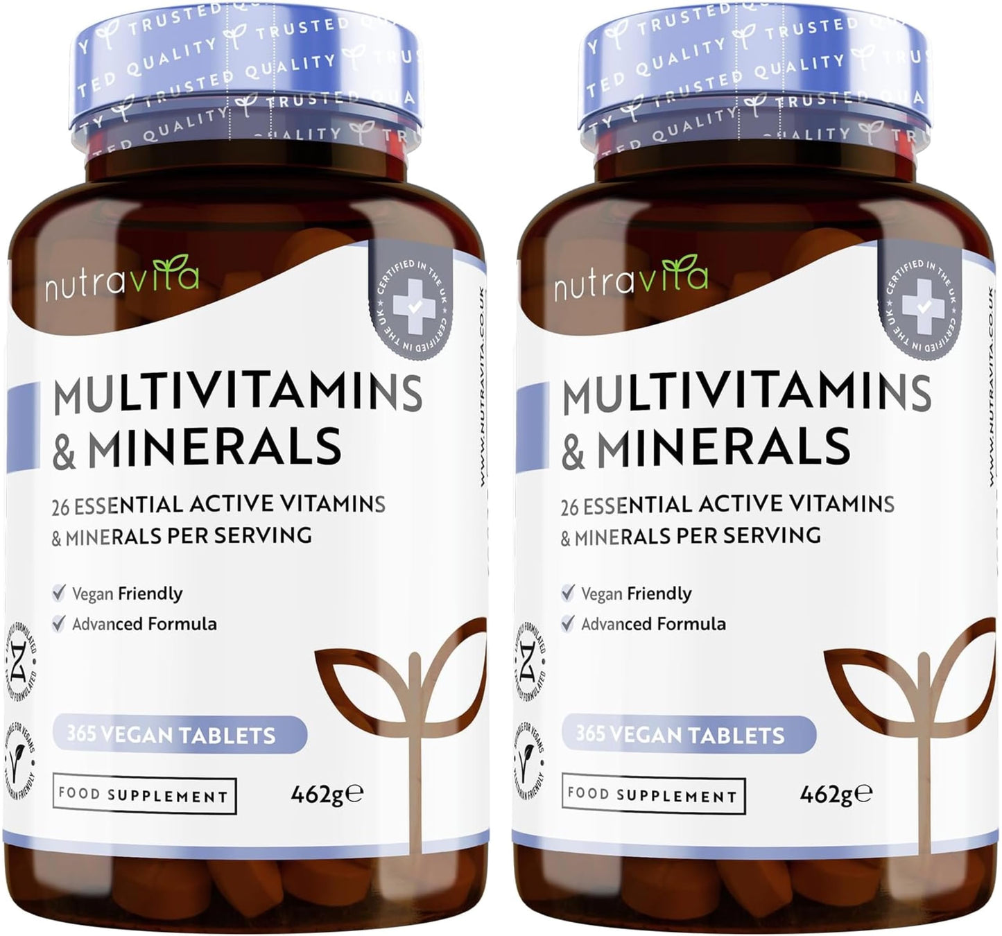 Multivitamins & Minerals - 365 Vegan Multivitamin Tablets - 1 Year Supply - Multivitamin Tablets for Men and Women with 26 Essential Active Vitamins & Minerals - Made in The UK by Nutravita